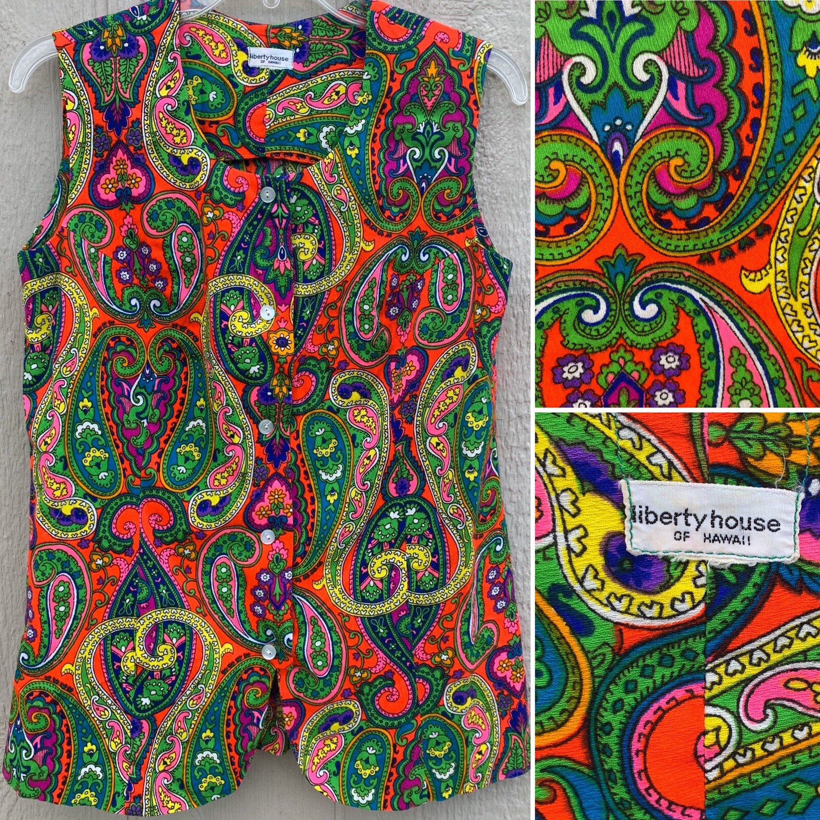 Vintage Liberty House Of Hawaii Blouse Top Psychedlic Paisley Floral Tiki Aloha