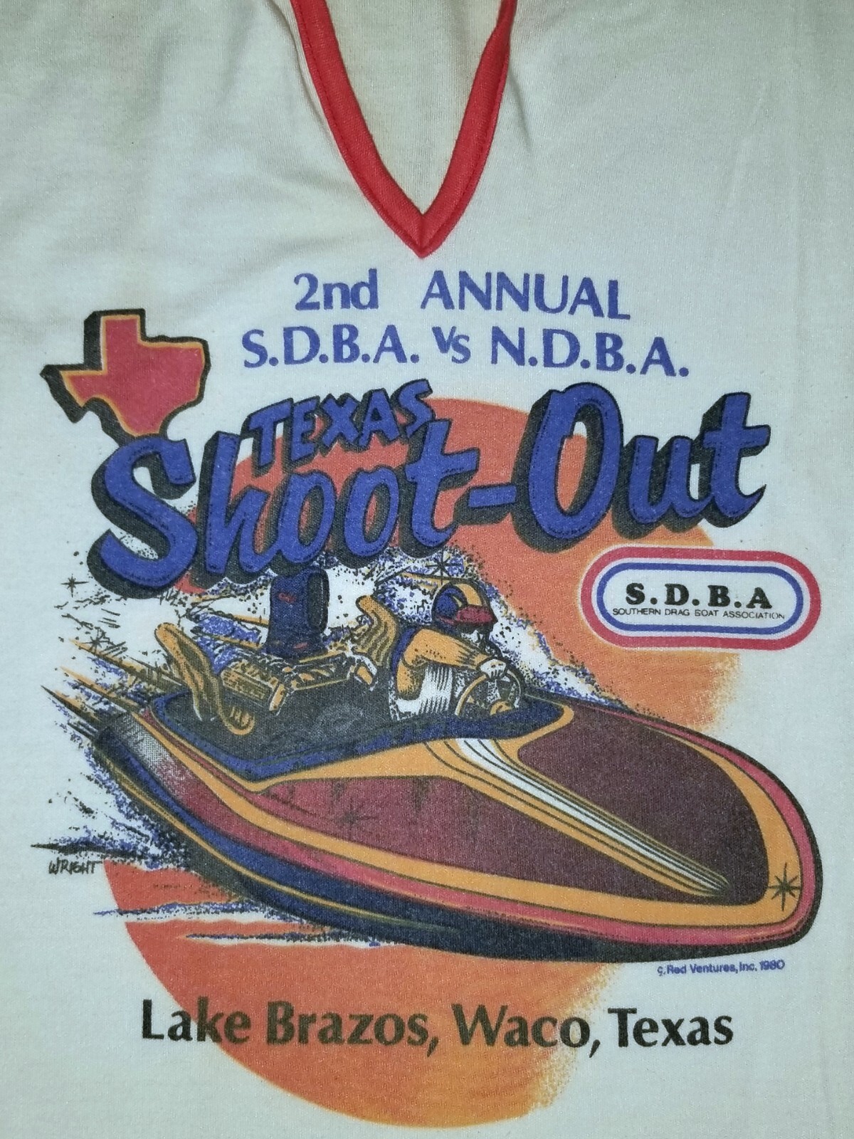 NATIONAL DRAG BOAT RACING VTG 1980 T-SHIRT WACO TEXAS V NECK WOMAN MEDIUM M TOP