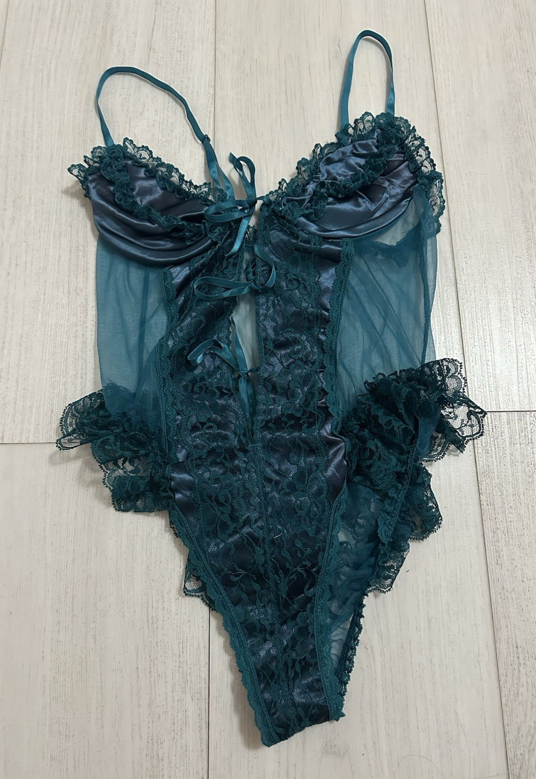 Vintage Frederick’s of Hollywood Satin Teddy Lingerie Sz M – Teal Green