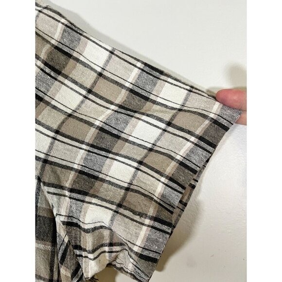 Retro Linen Plaid Dress Tan 22 Neutral Festive Holiday Classic Chic Preppy 80s