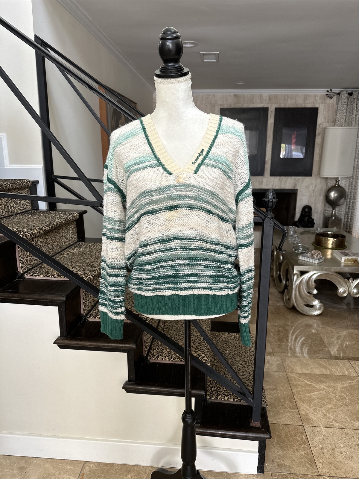 Courreges Vintage 70s Green And White Logo V neck Tennis Sweater Size B