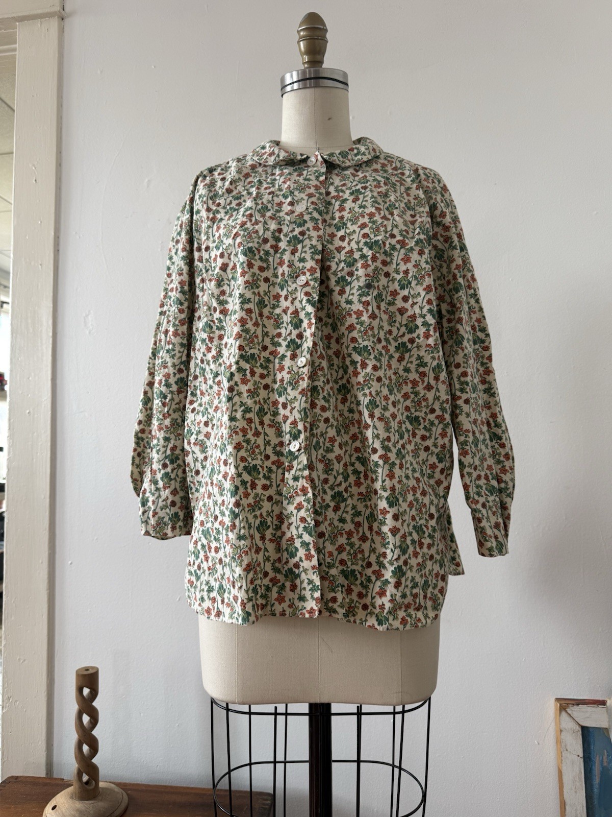 Mid Century Handcrafted Floral Cotton Smock Top Artist Workwear Folk Prairie OS