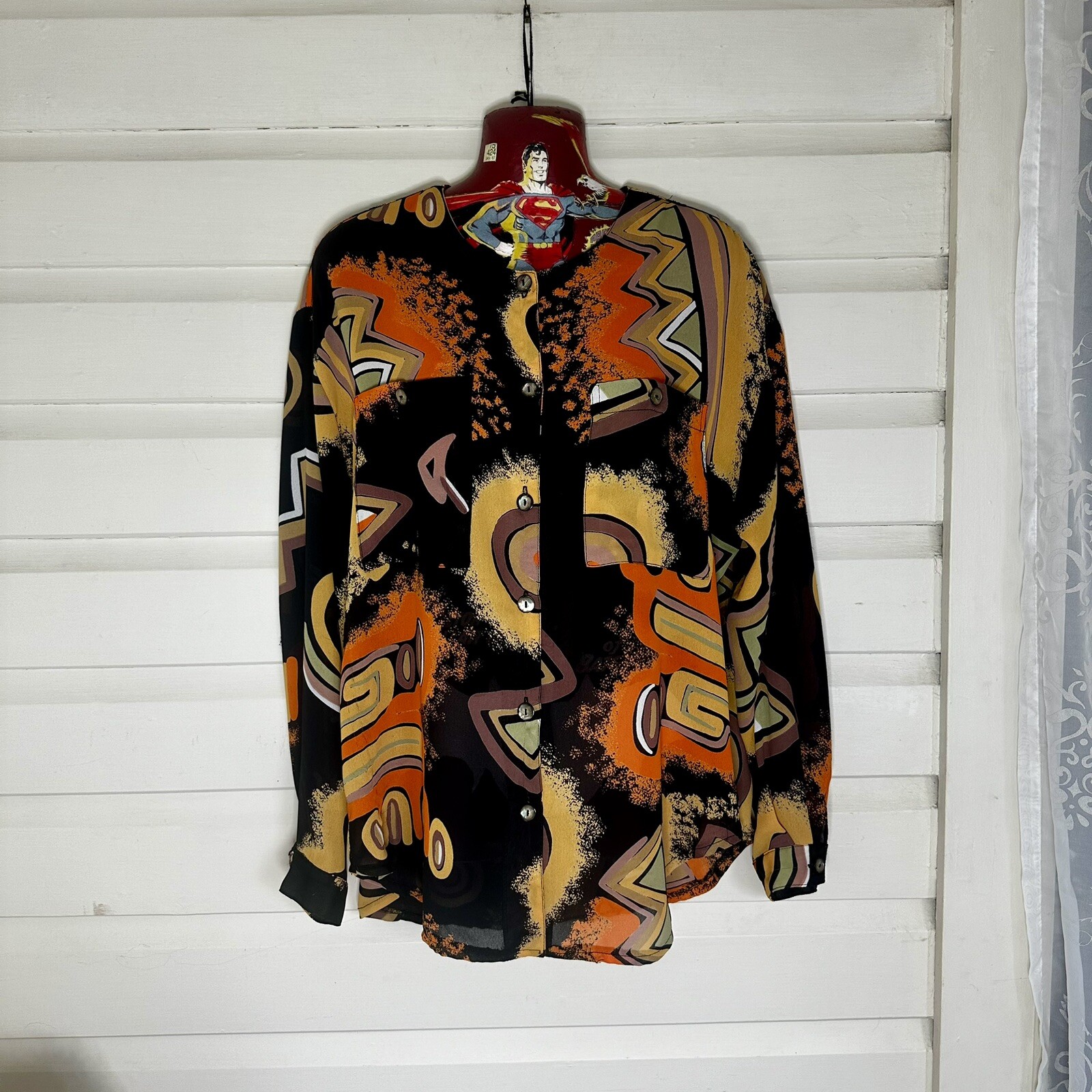 Tres Beau Woman’s Top Size 14 Bust 90cm Vintage Orange Geometrical Long Sleeves