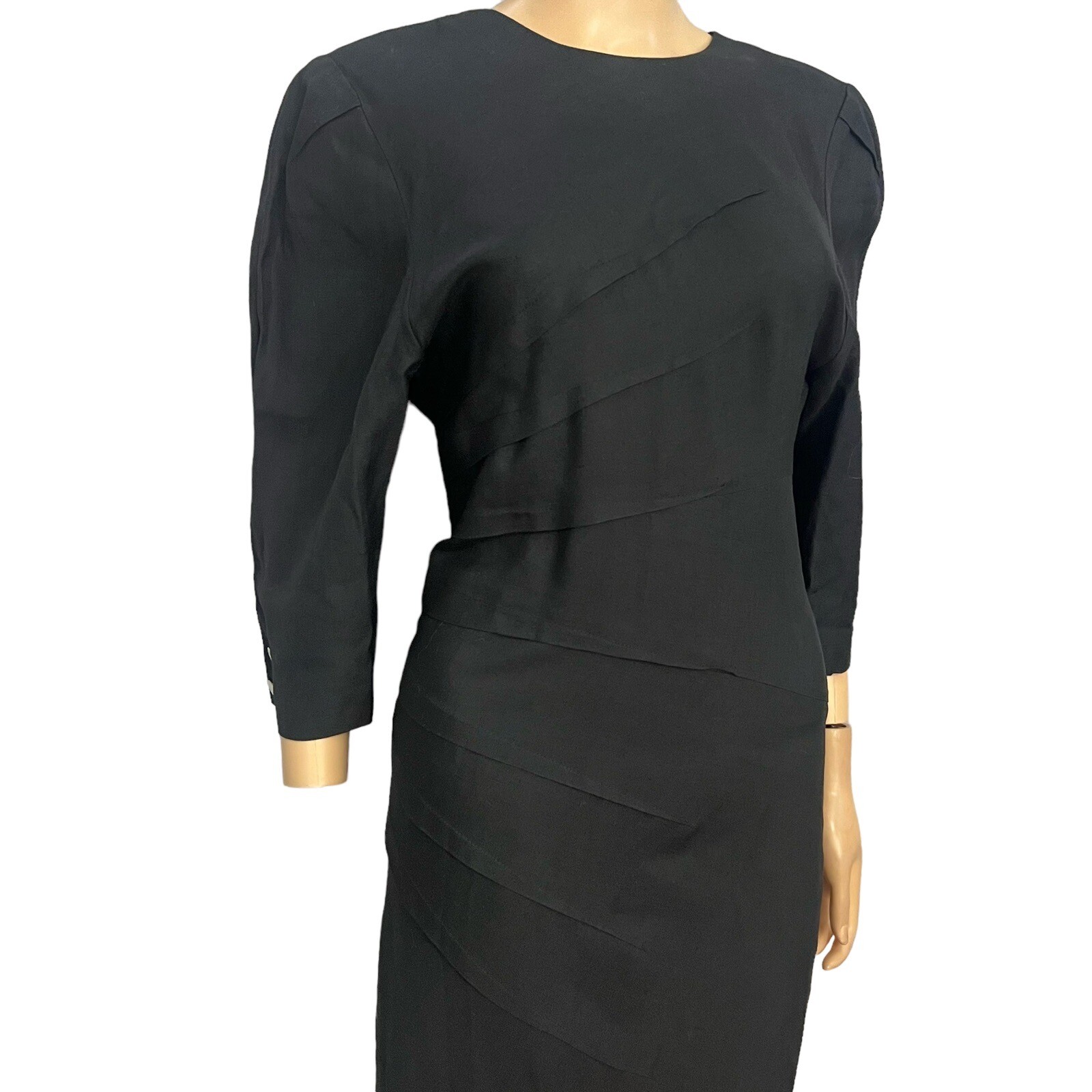 80s Vintage Kathryn Dianos Linen Sheath Dress Pleated Puff Sleeve Medium