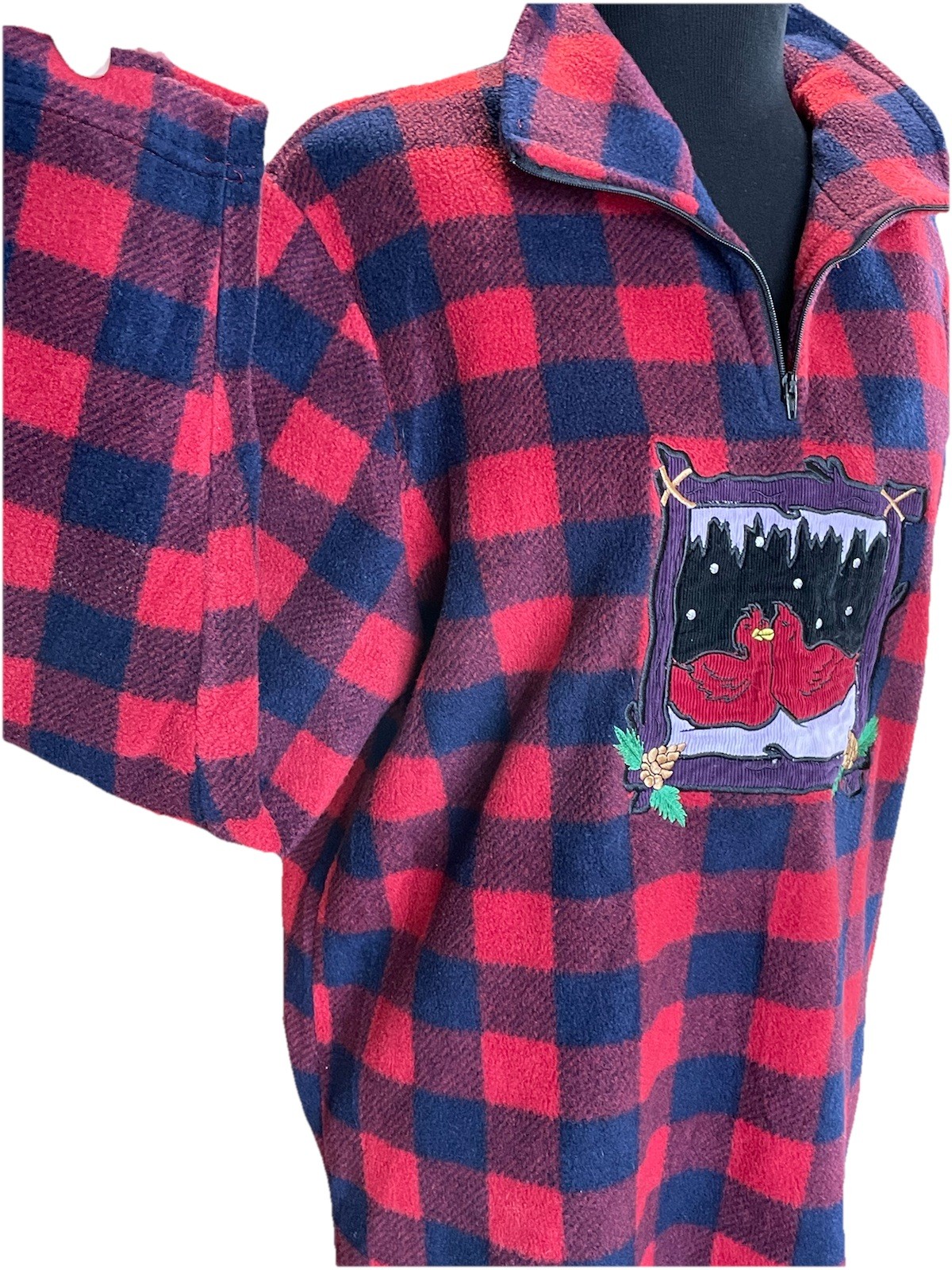 Quacker Factory Buffalo Plaid Fleece Quarter Zip Pullover Bird Embroidered M VTG