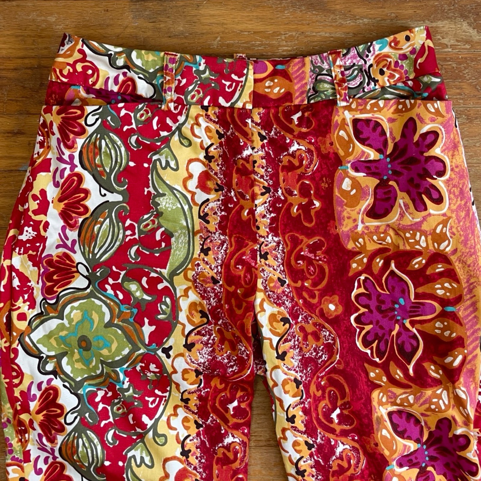 Vintage Floral Print Pants Size Medium 29″ Waist Y2K Colorful Cotton Cropped