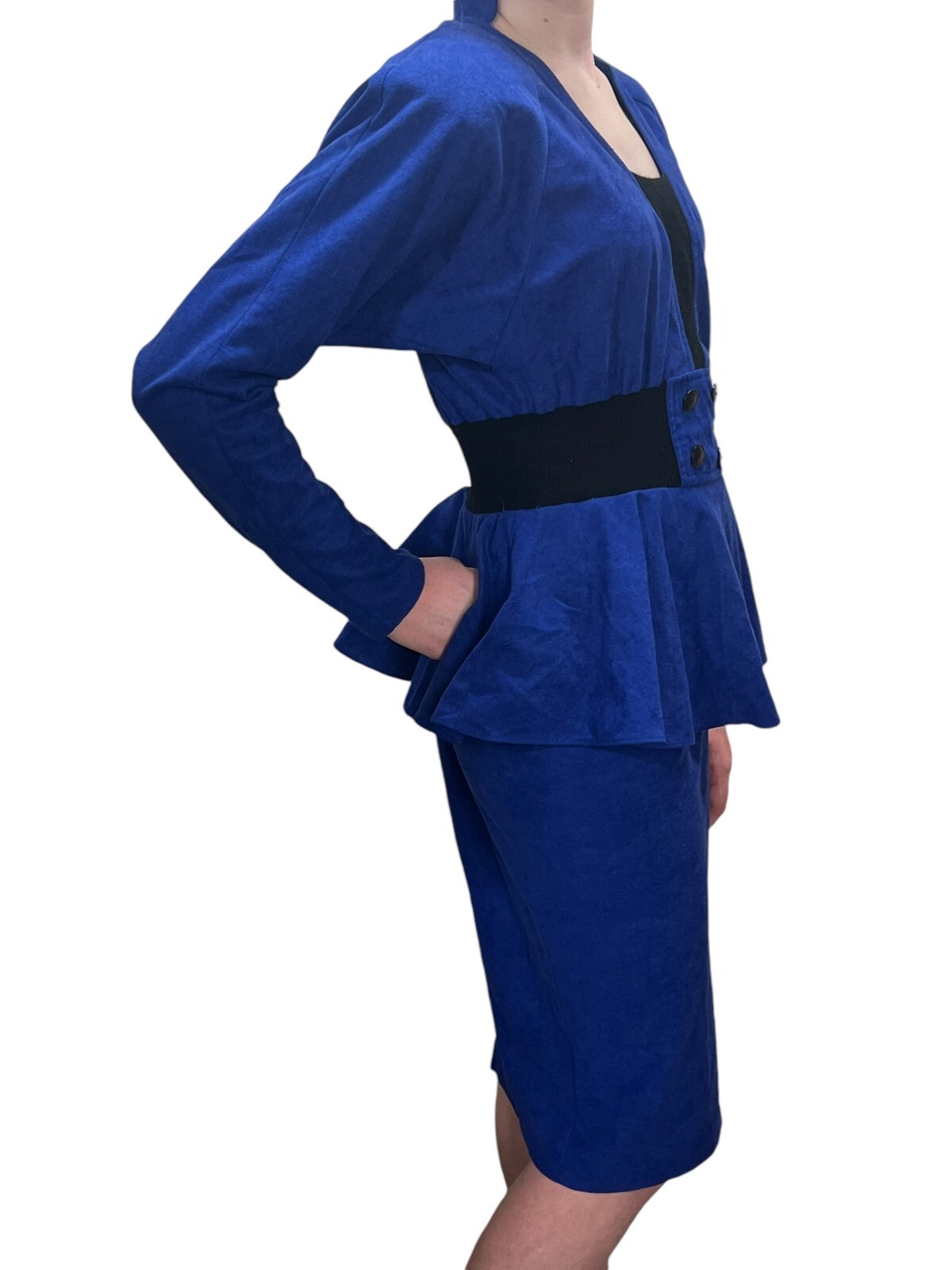 XS~S Vtg 80s Sz 3/4 Blue Velour Dress Peplum Pencil Skirt Dolman Sleeve T Junior