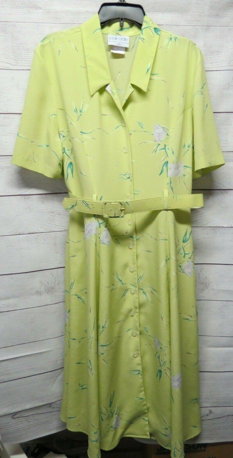 Vintage Leslie Bell Green Yellow Floral Dress with Belt, Button Up, Size 16