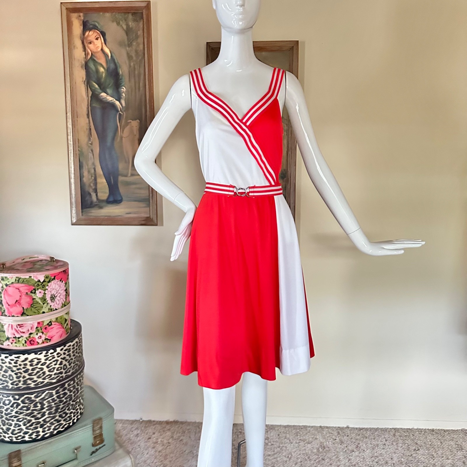 Vintage 1970s Red Color Block Disco Cheerleader Grease Preppy Tennis Dress M/L