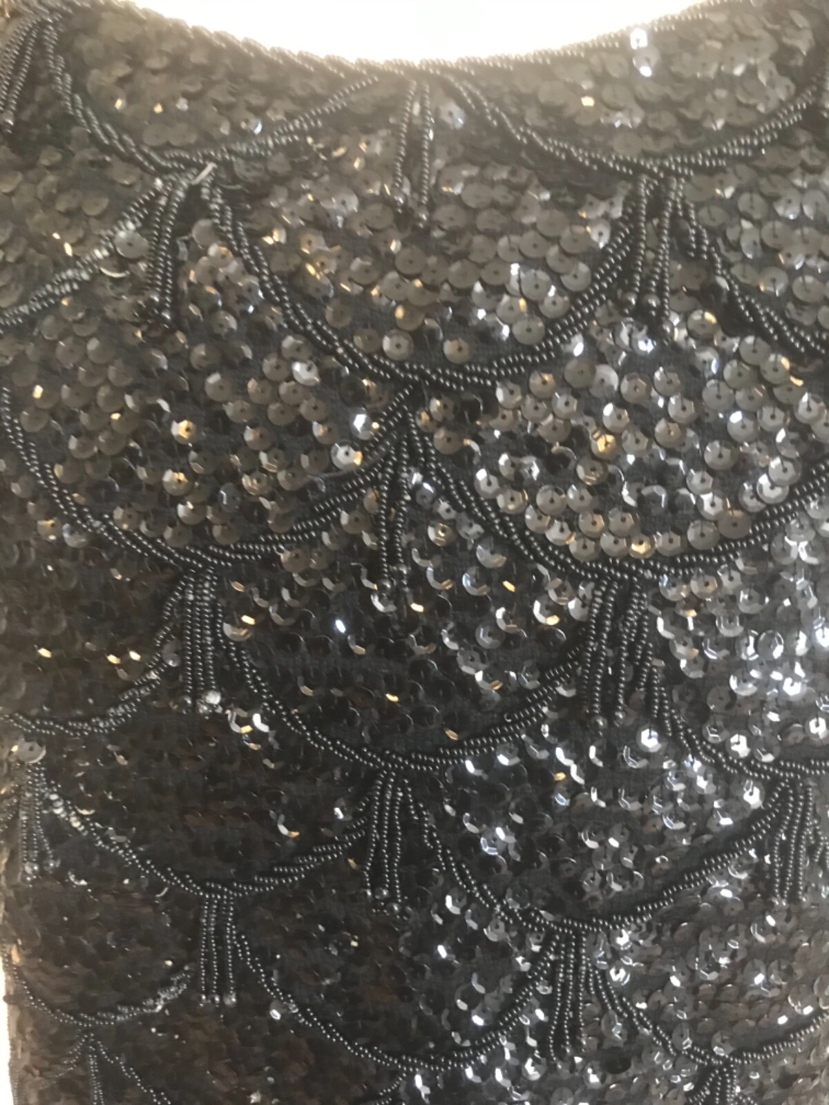 Vintage Black Iridescent Fringed Sequin Tassels Beaded Wool Glam Top hong kong L