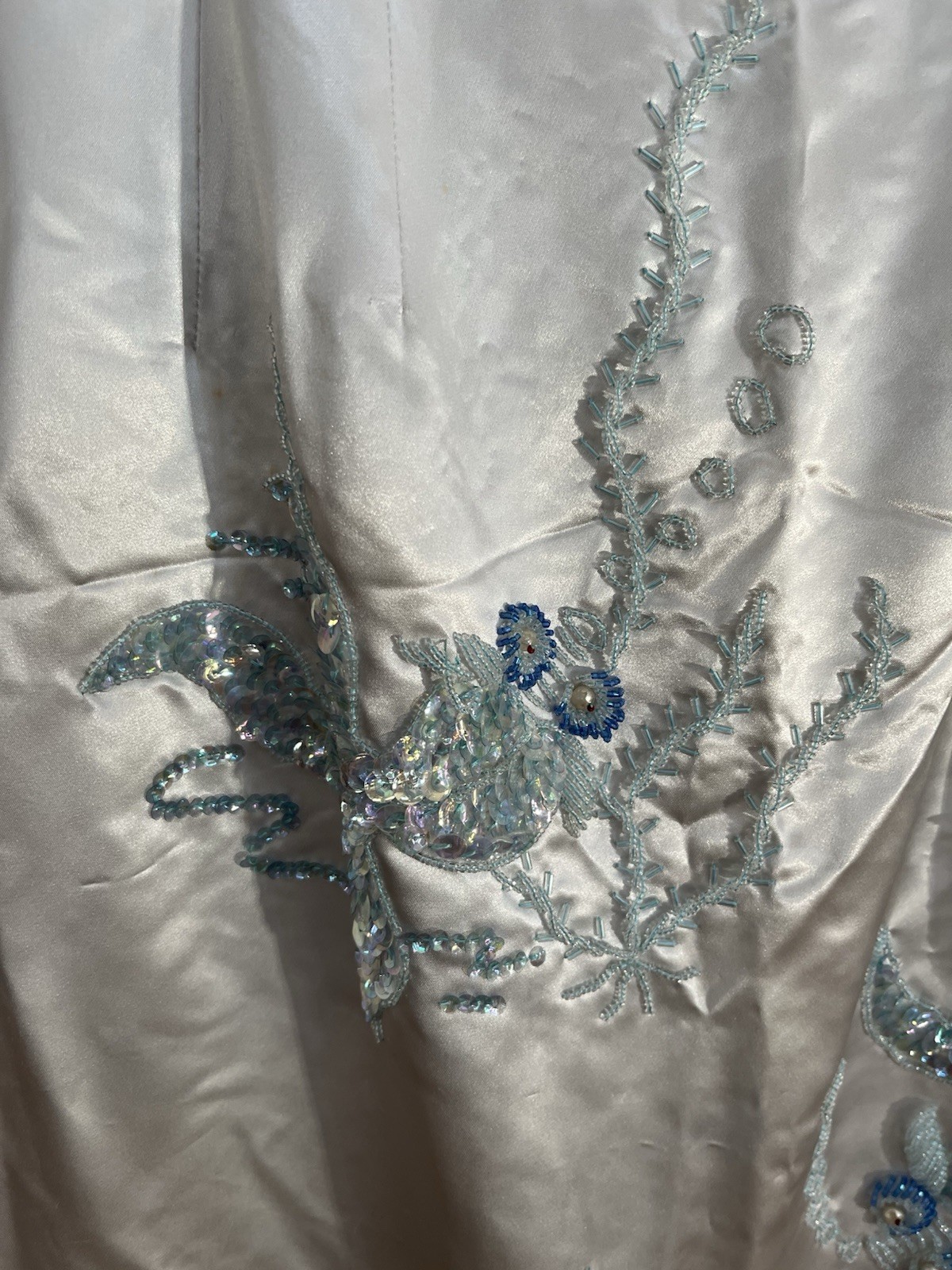 VTG 50/60s Satin Hand Beaded Sequin Light Blue Sheath Dress Sz Small Fish Koi