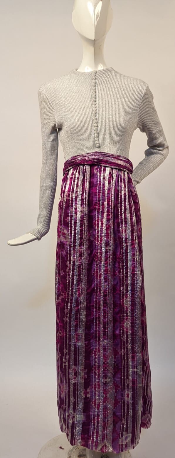 VINTAGE 1970’S GLITTERED GRAY KNIT + SILVER STRIPED FLORAL LONG DRESS