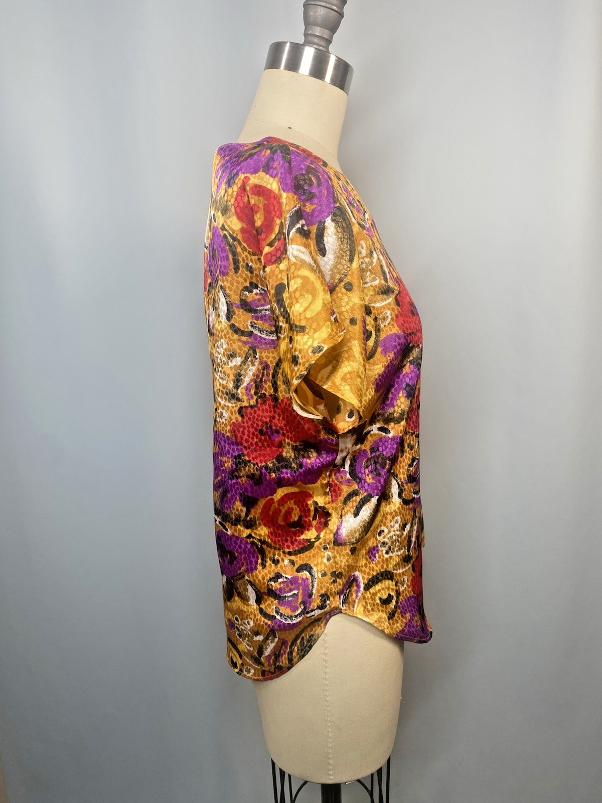 Vintage Blouse SIZE 4 XS PETITE gold red purple floral NOTATIONS 80s 90s