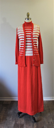 VTG 70s Red White Striped Knits By Don Sweater Dress & Cardigan 2 piece MOD