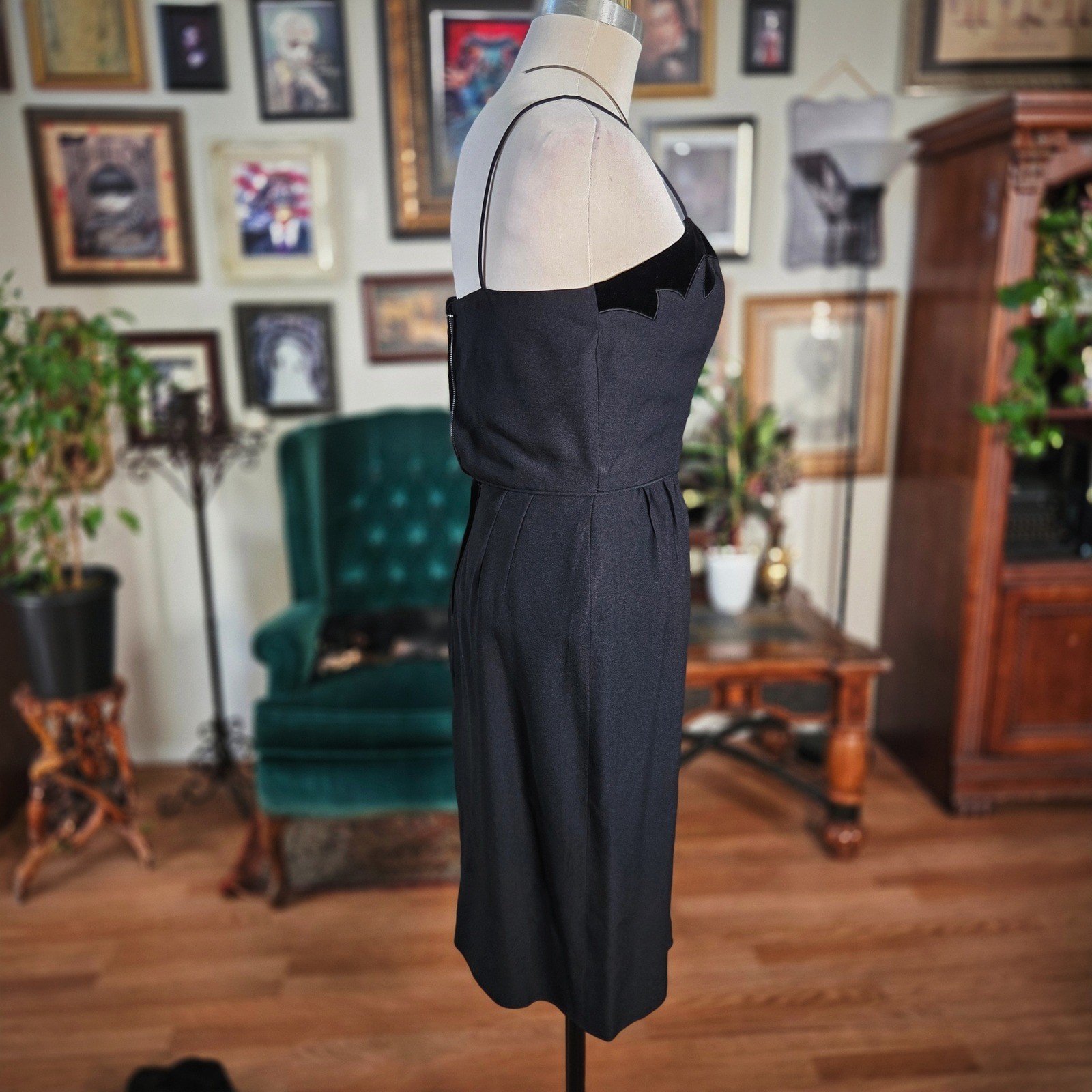 Vintage 50s Black Wiggle Dress Pinup Spaghetti Strap Classic Mid Century