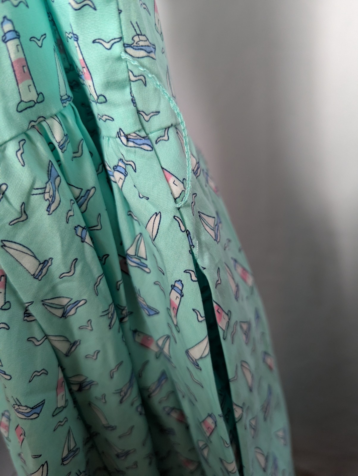 Unique Vintage Maxine Dress Sailboat Lighthouse Print Swing Turquoise Blue Sz M