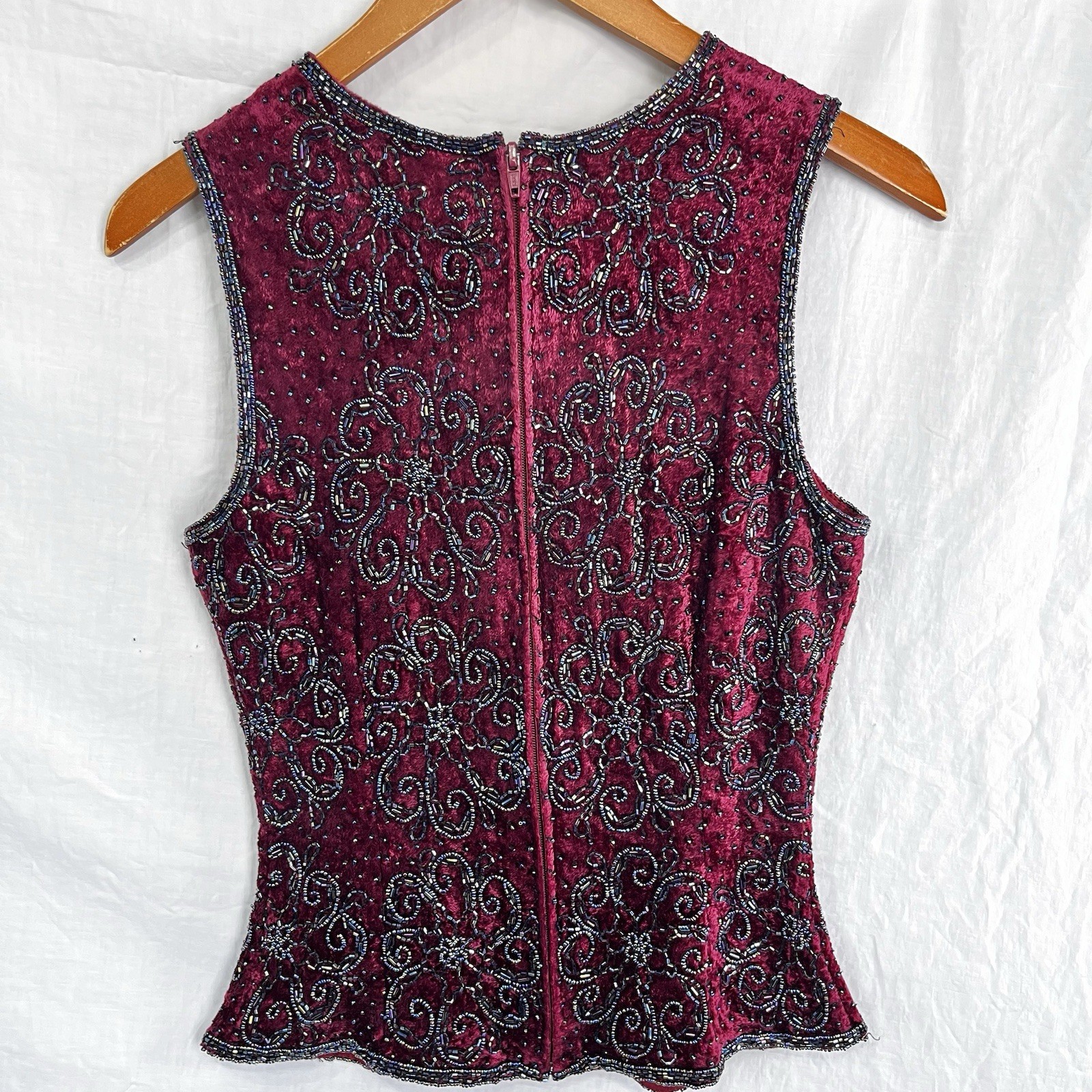 Vintage Paradise NY Beaded Velvet Floral Sleeveless Top Maroon Zip Size Small S