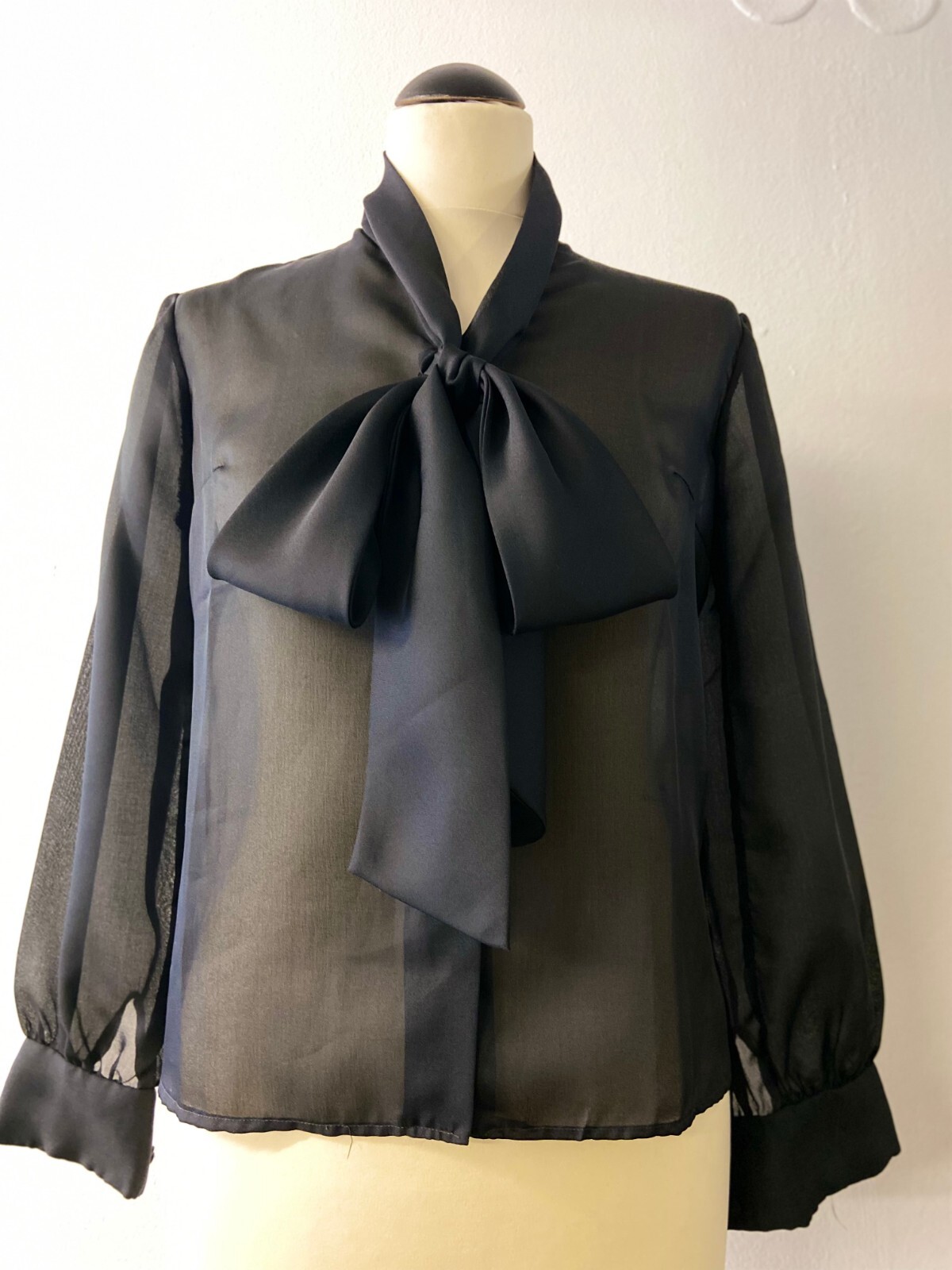Chic Women’s Vintage Blouse | Sheer Black Bow Tie | bracelet Sleeve | Size M/L