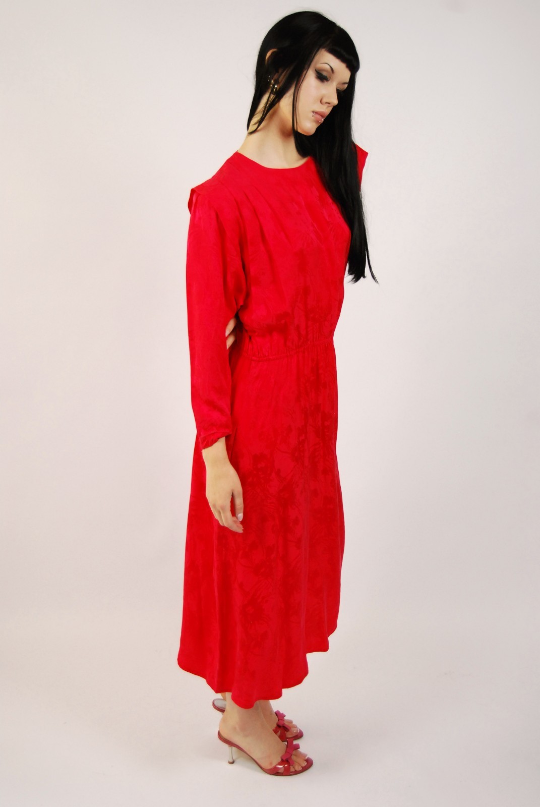 80s Blouson Dress (L) large red vintage midi silks by Nilani candy apple chic