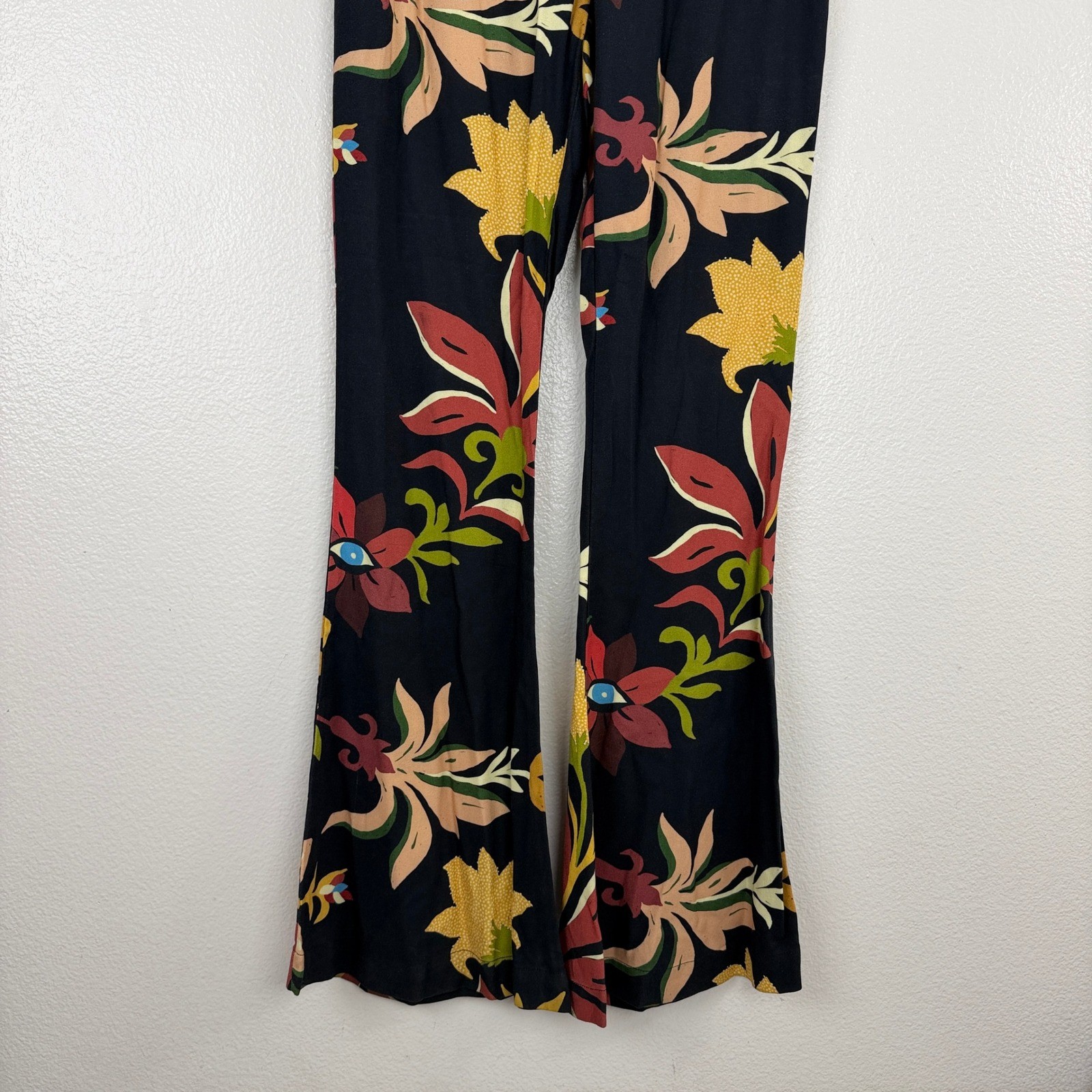 Farm Rio Pants Womens XS Calla Retro Floral Flare Eyeball Boho Side ZIp 26×31.5