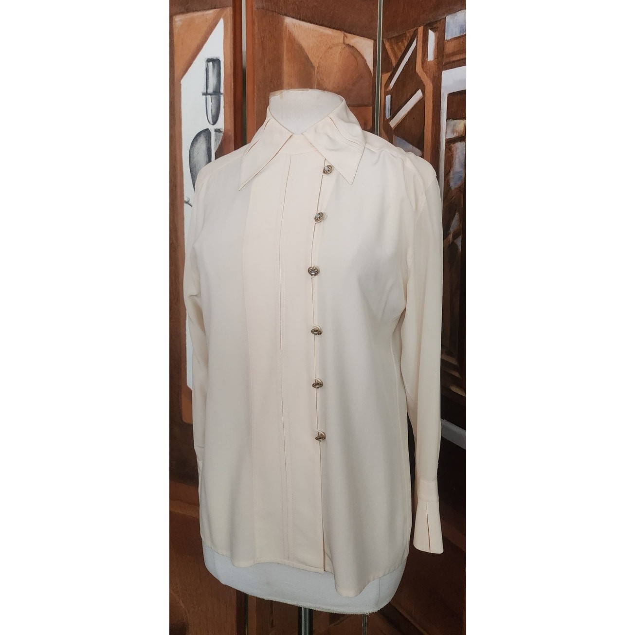 Vintage 1980s Karl Lagerfeld Blouse Cream Silk Shirt Asymmetric Button Down Med