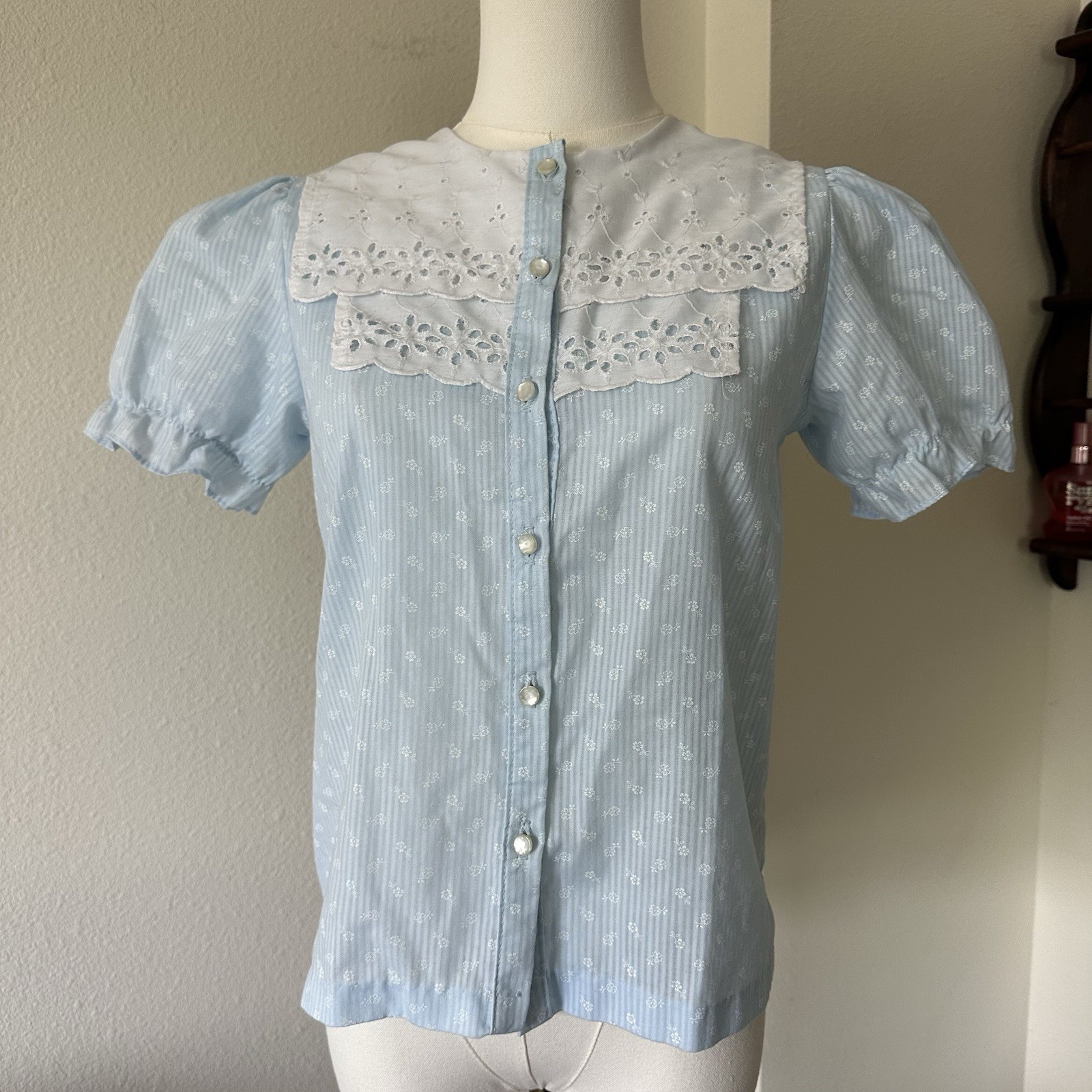 Vintage Kim Stacy Baby Blue Eyelet Bib Puff Sleeve Blouse S Prairie Cottagecore