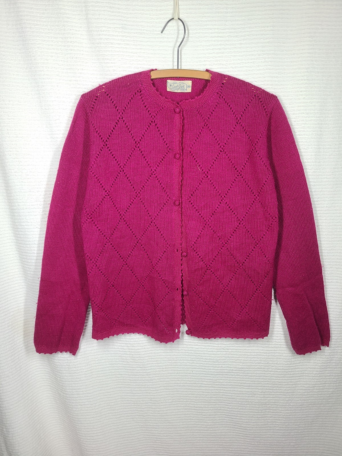 Vtg 60s Magenta Cardigan Sweater 100% Wool Crochet Buttons S M Carol Brent Pink