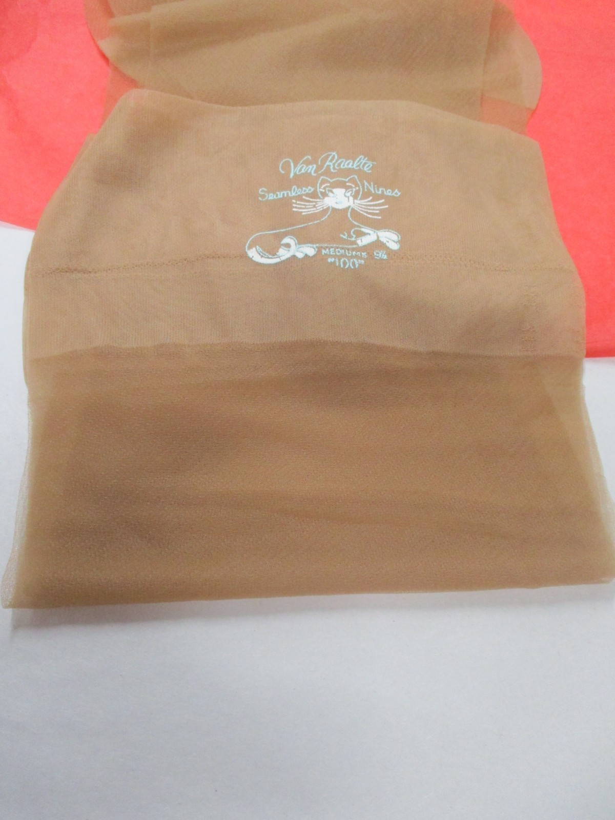1 PR VINTAGE VAN RAALTE RHT MICRO MESH SHEER SHINY NYLON STOCKINGS 9 1/2 M BEIG
