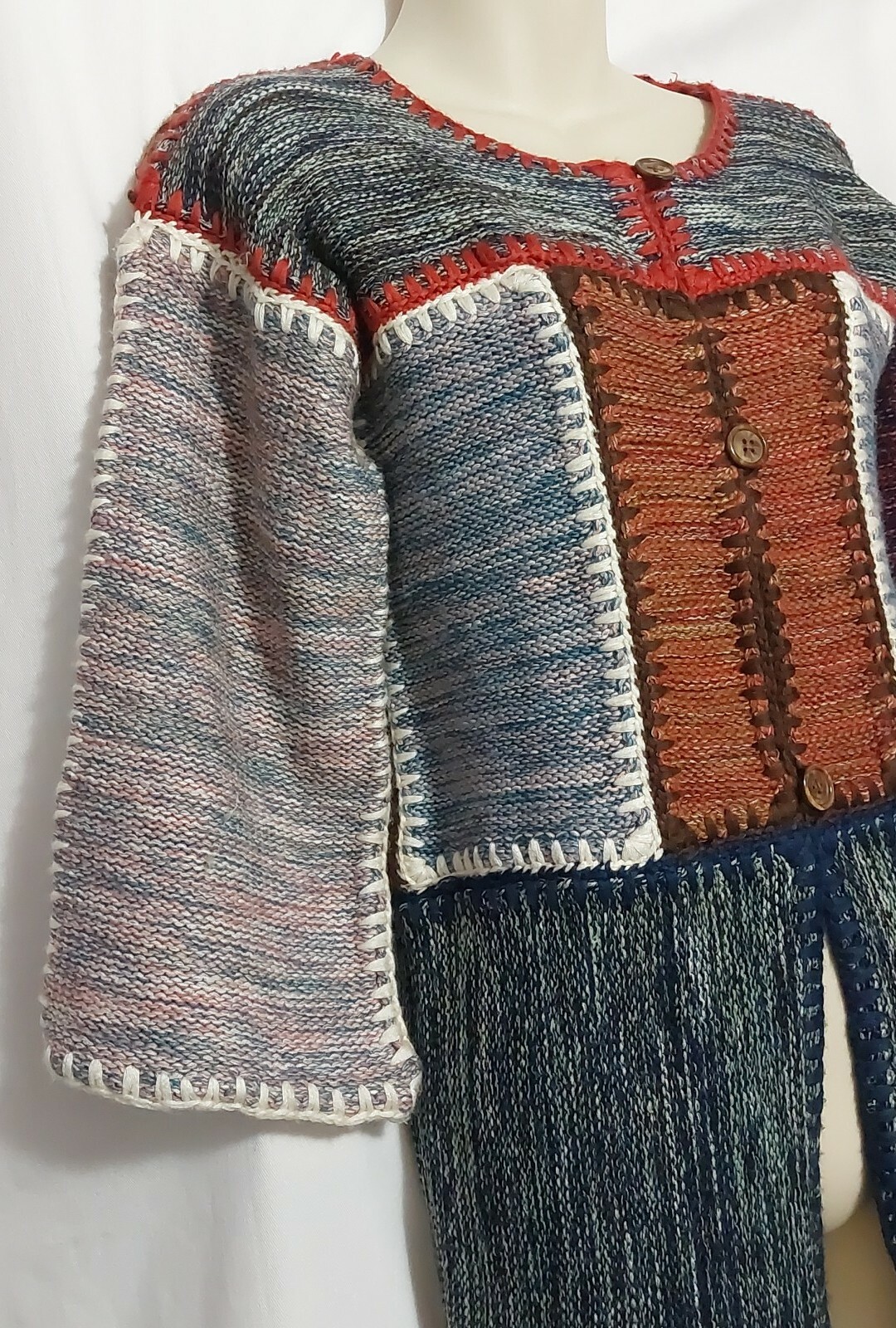 Vintage Wenjilli Patchwork Long Cardigan Sweater Size 11/12 -S/M Wool Blend