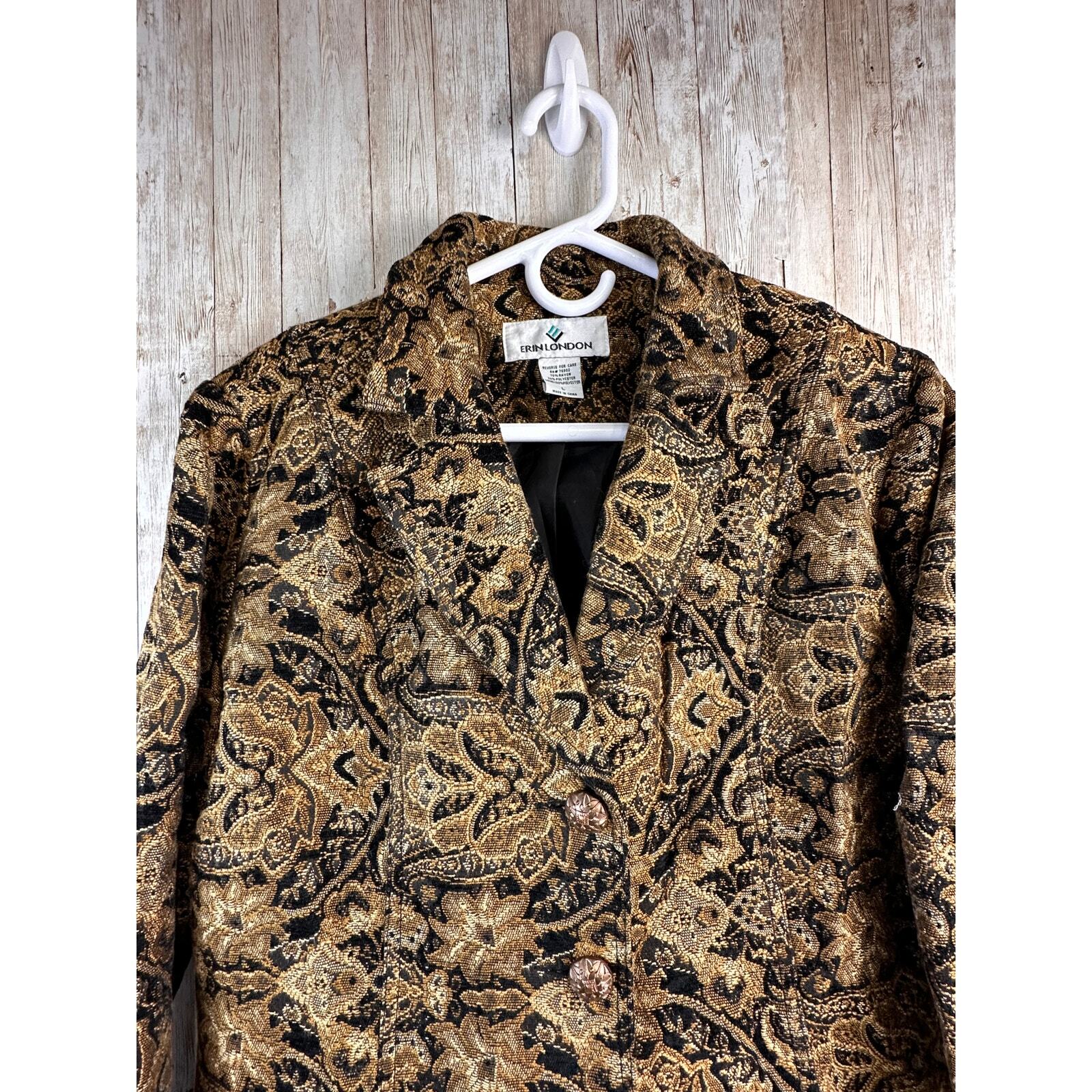 Erin London Vintage Tapestry Jacket L Gold Black Floral Paisley Velvet Blazer