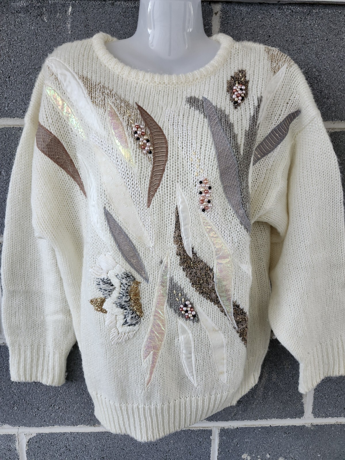Vintage 20ANS Mariea Kim Sweater Beaded Appliqués Floral Leaves Abstract Design