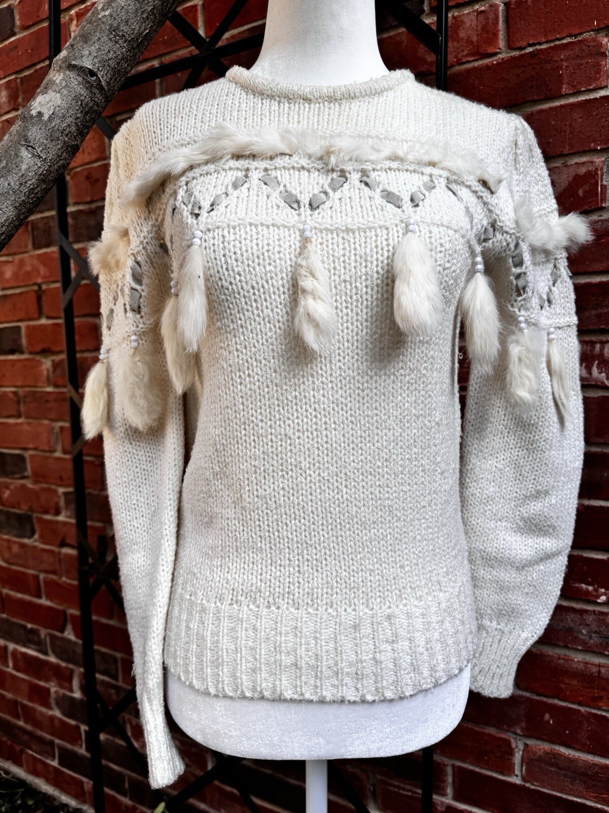 Vintage 1970s-80s Ivory Sweater With Leather Trim & Rabbit Fur Tassels Size XS-S