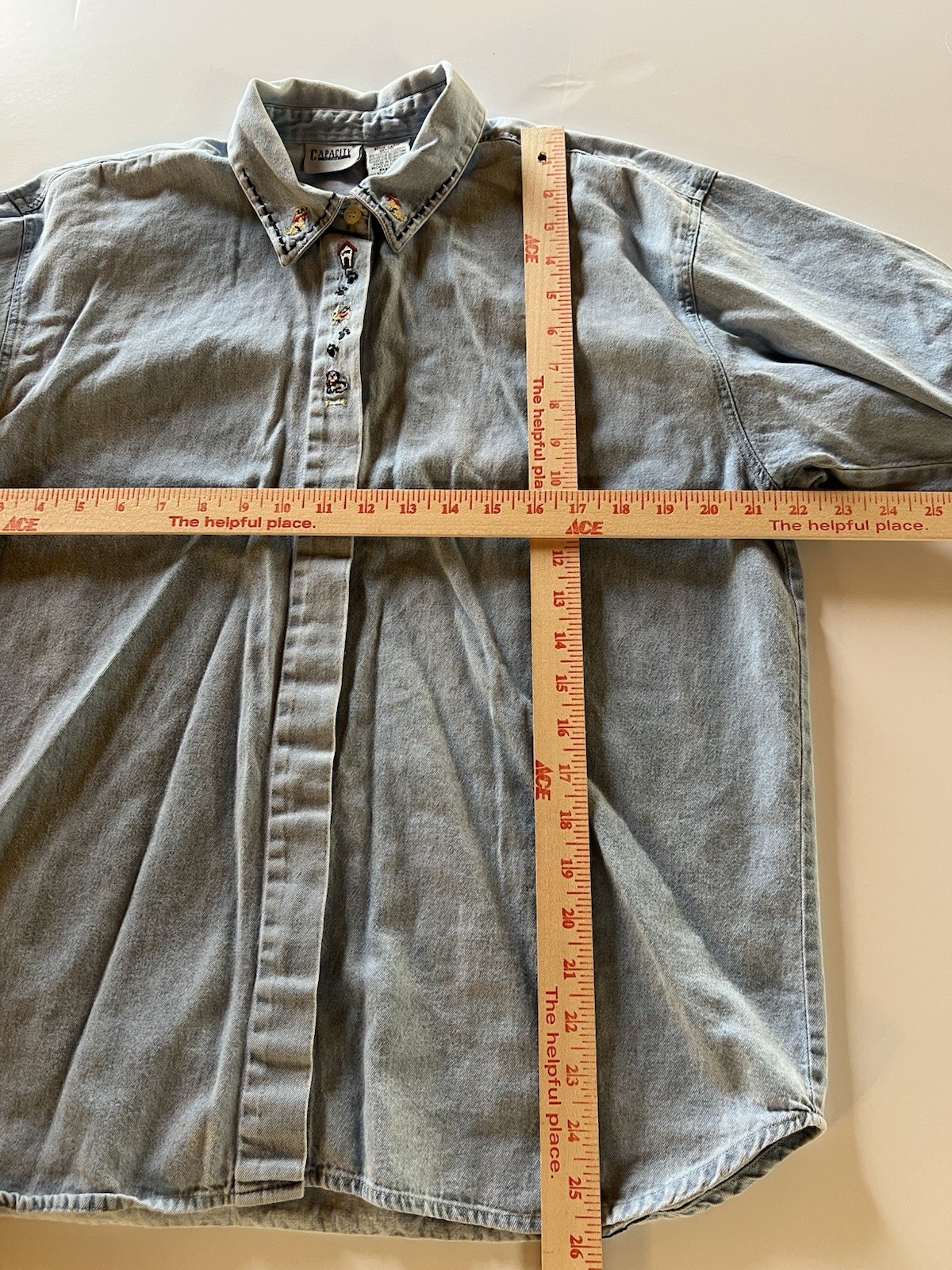 Vintage 80s Capacity blue chambray denim DOGS embroidered cottagecore shirt PL