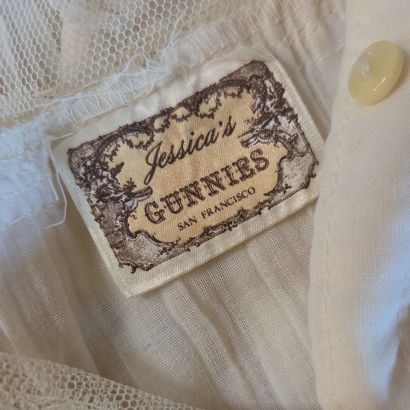 Gunnies Ivory Sheer Lace Blouse High Neck Ruffle Pearl Button Long Sleeve