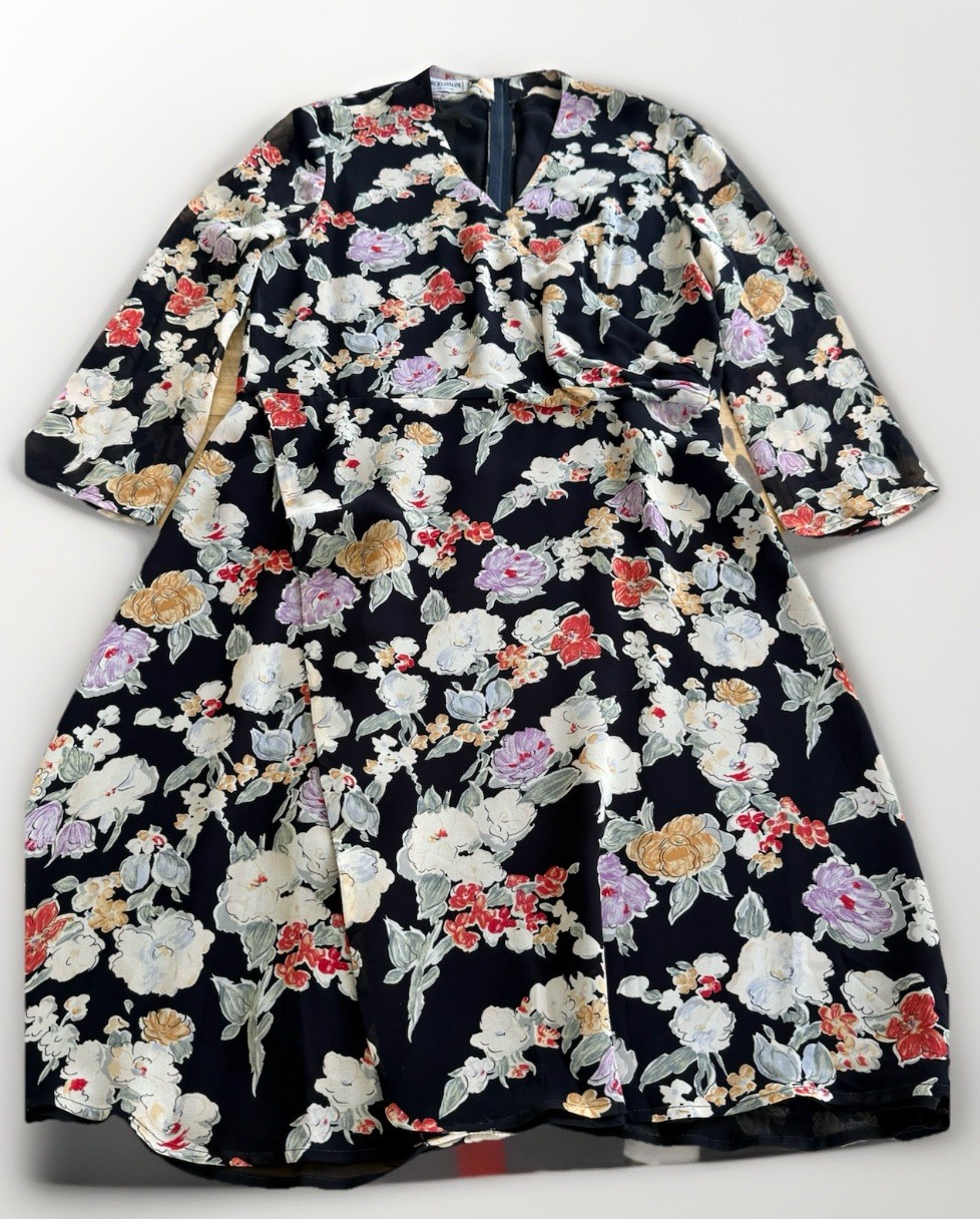 Giorgio ARMANI Le Collezioni Black Floral Faux Wrap Midi Dress Dark Romance Y2K
