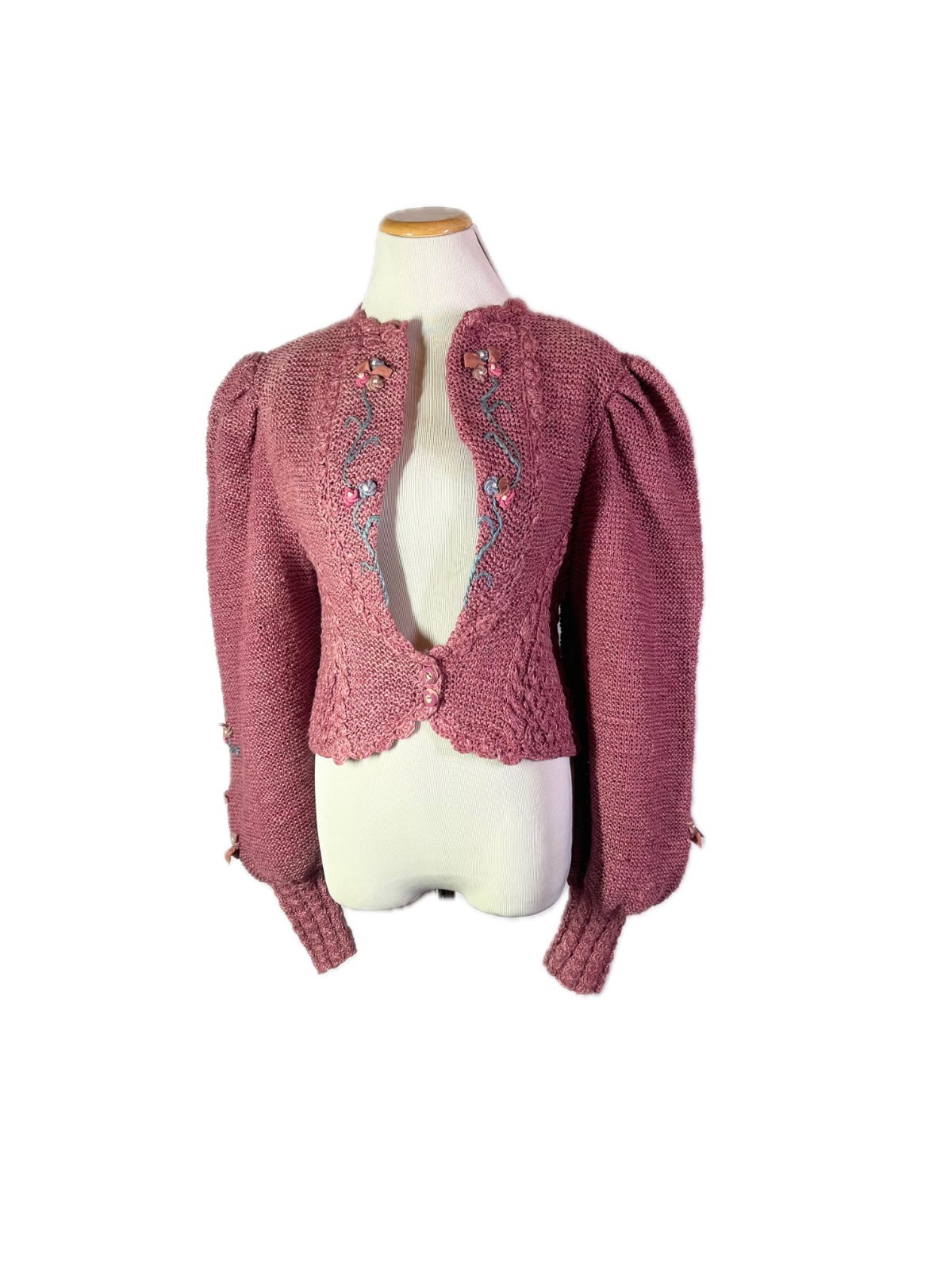 Vintage Trachten Pink Knit Cardigan Puffed Sleeves Floral Cottagecore
