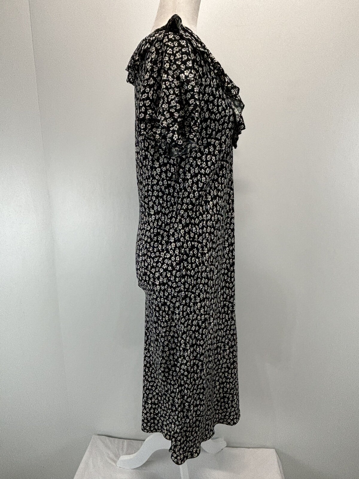 Vtg Betsy Lauren Ditsy Floral Midi Dress Sz 8 Black White Grunge Ruffle 90s