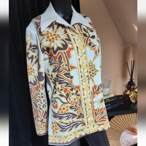 TRUE 70s Vintage Psychedelic Floral Button Down Shirt Cream Gold Rust Disco Boho