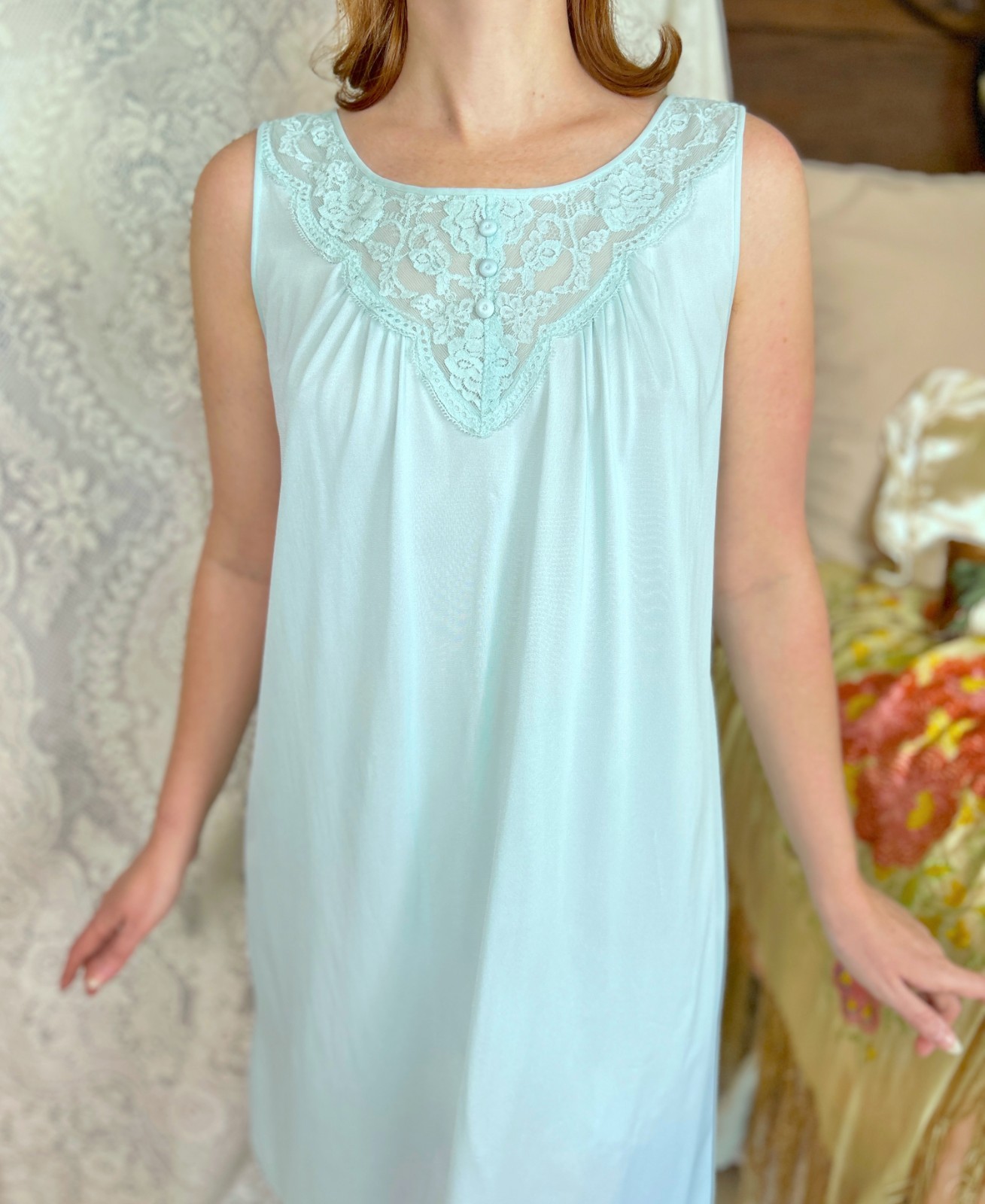 Vintage 60s Blue Babydoll Nightgown, Nylon, Lace Embroidery, Retro Romantic