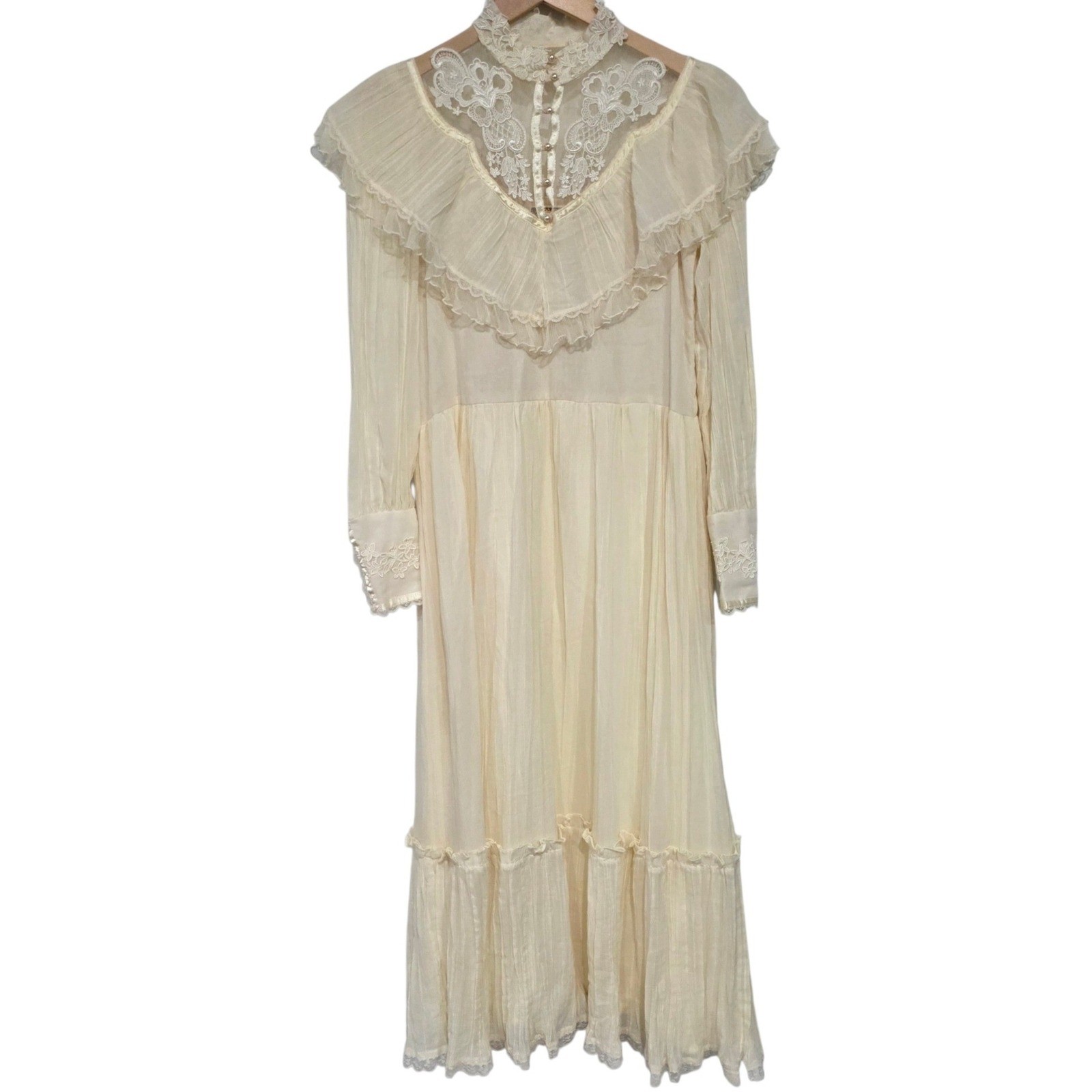 Gunne Sax Maxi Dress Womens 7 Cream Lace Victorian Prairie Boho Wedding