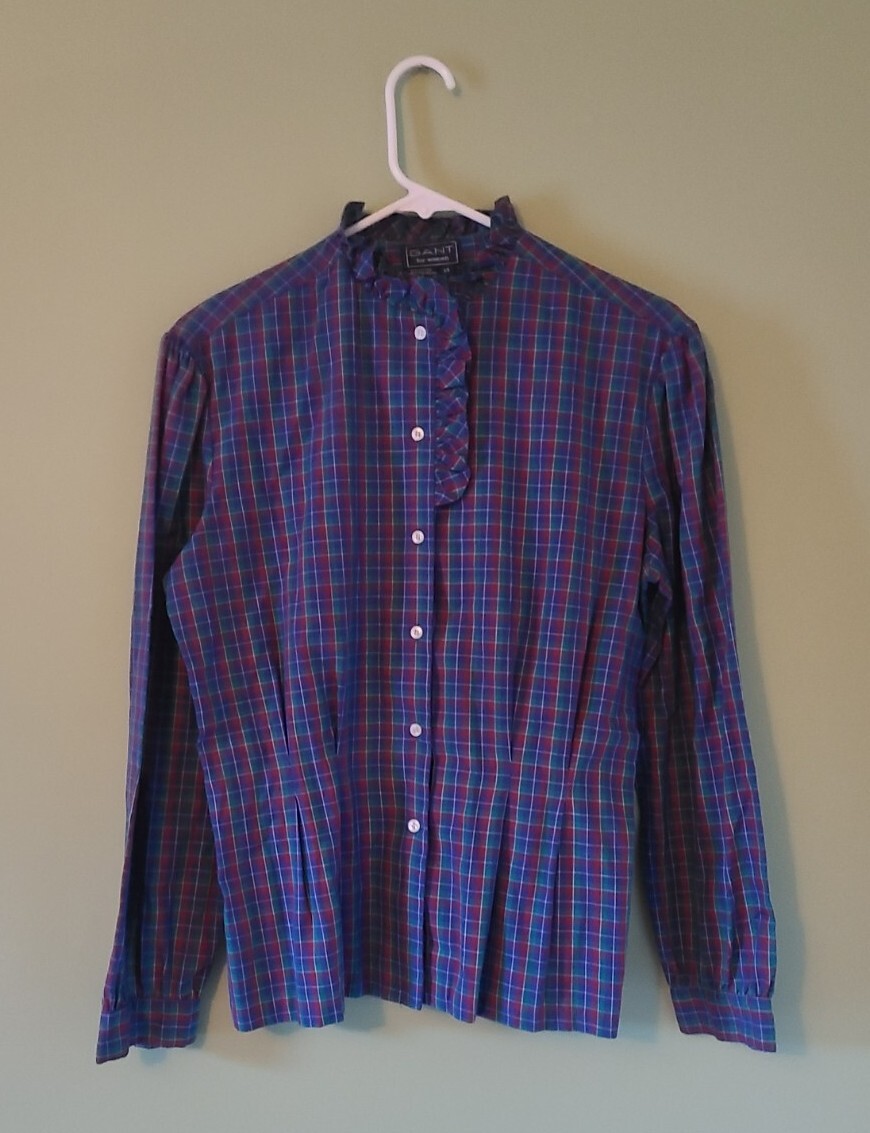 Vtg Purple Red Green Plaid Button Up Blouse/Shirt Ruffle Collar Sz 14 Prairie