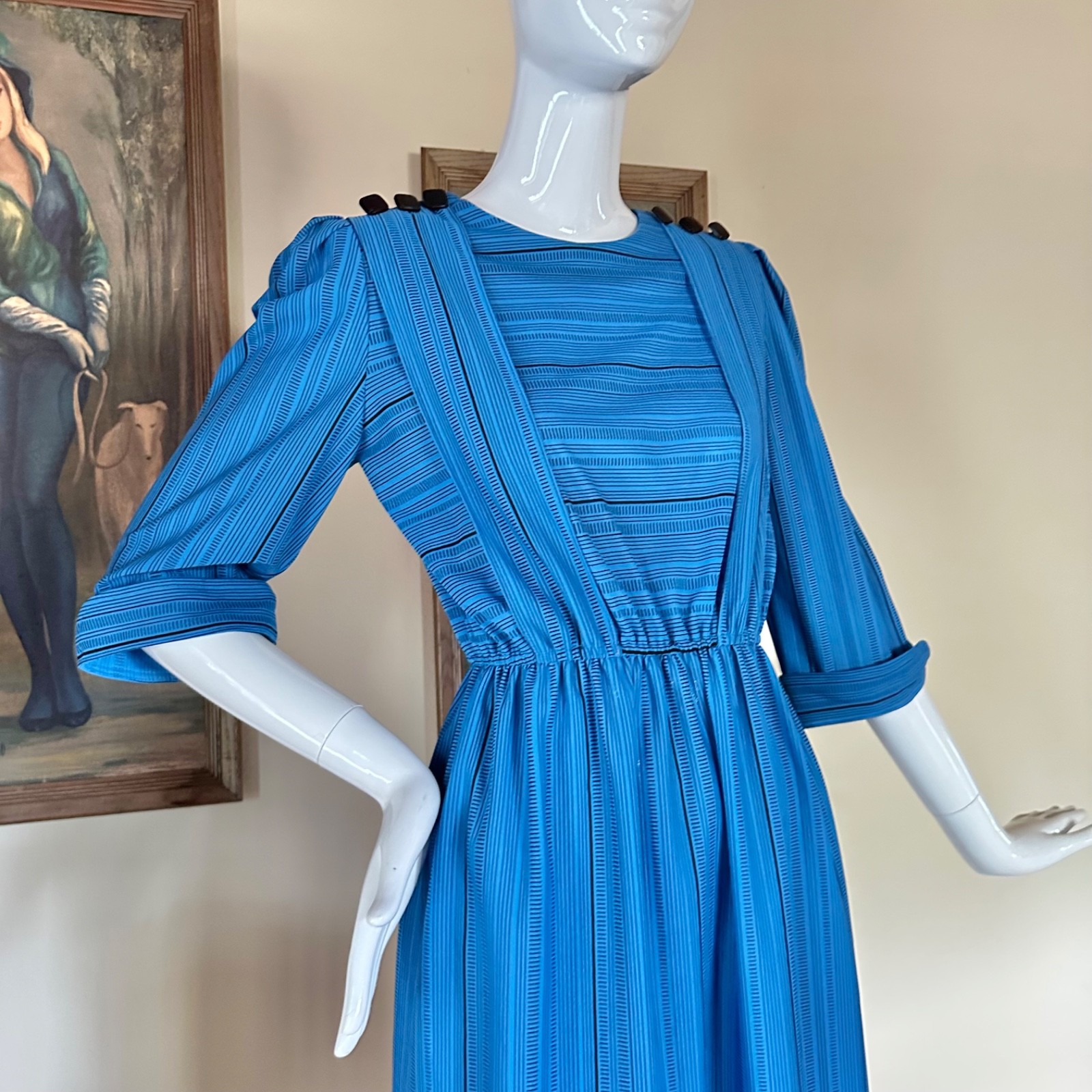 Vintage 1980s New Wave Dashes Striped Midi Day Dress Preppy Secretary M