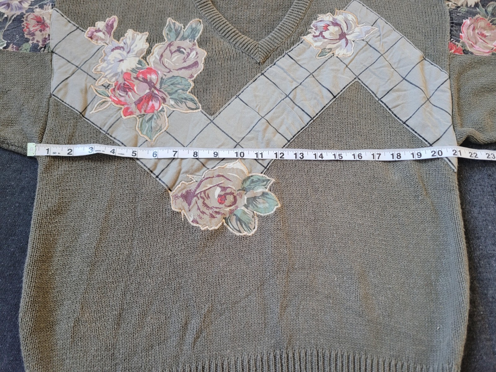 Vintage 80s 90s Batwing Applique Floral Sweater Cotton Ramie Neutral Size Large