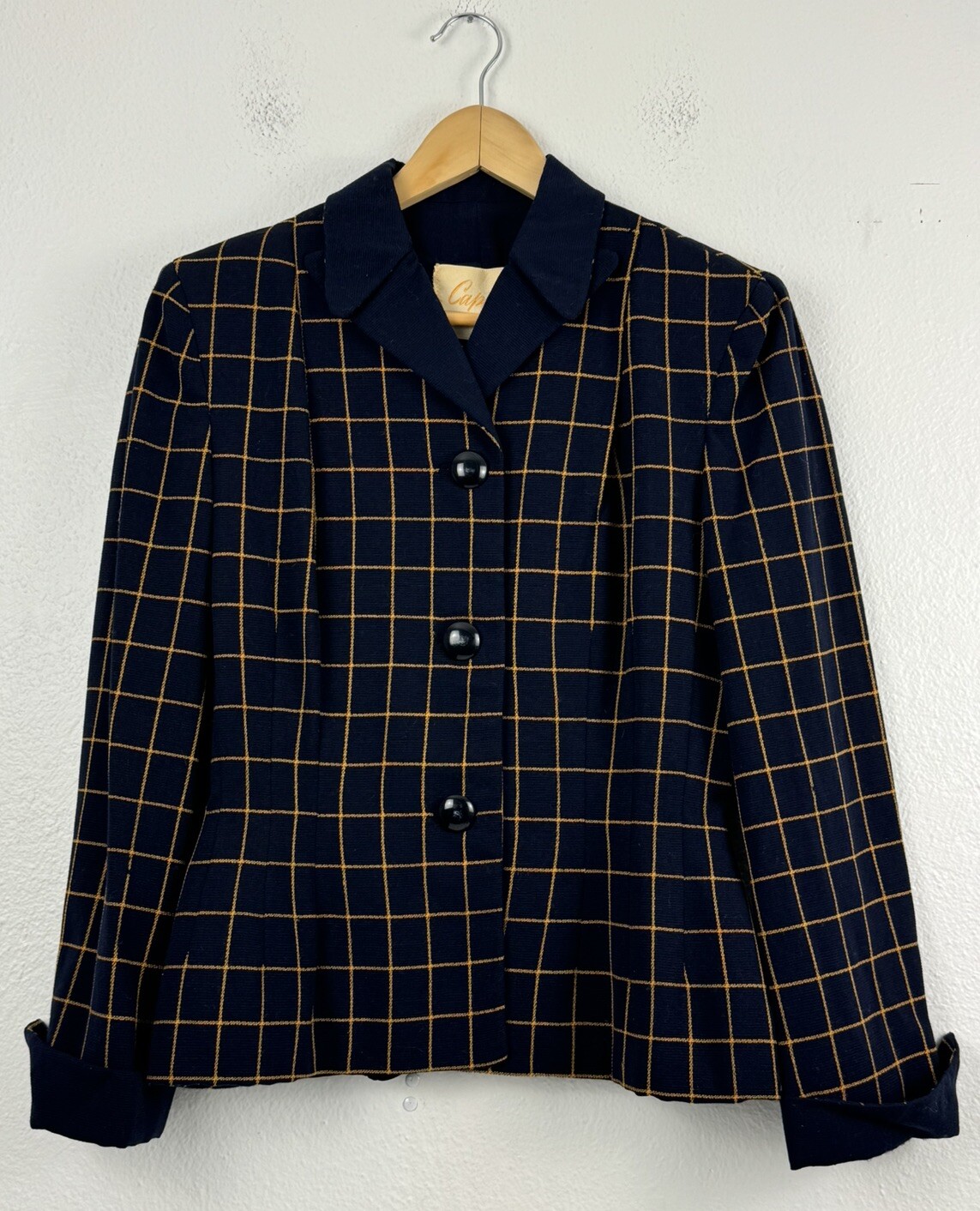 Vintage Swansdown Miron Worsted Wool Navy Blue Yellow Check Blazer Womens
