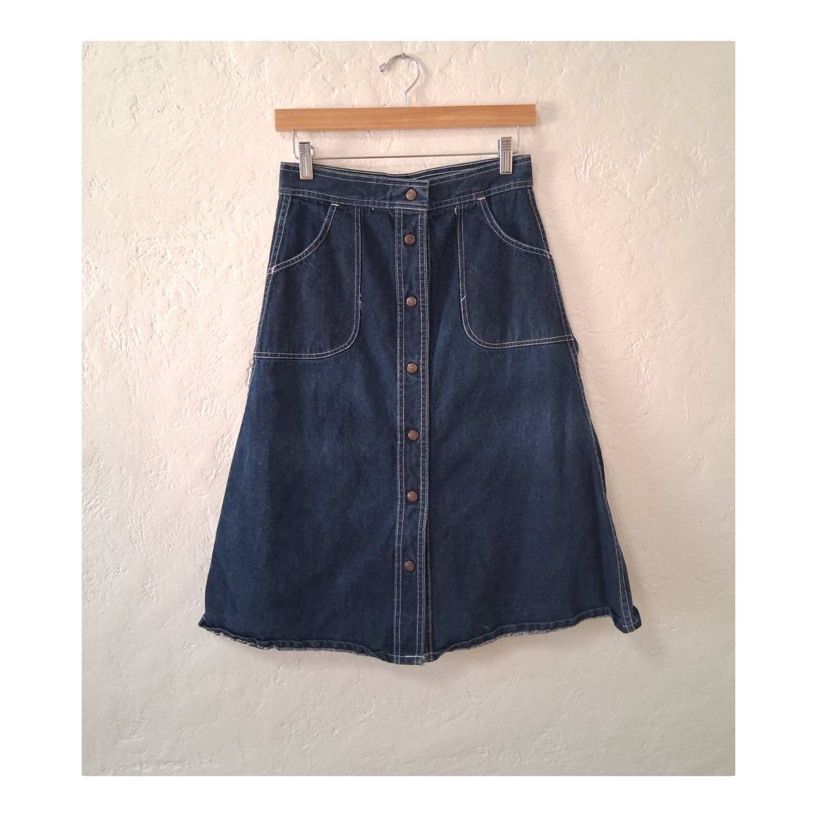 Vintage 70s Woolco Denim Skirt Snap Button Front High Waisted A-Line Midi…