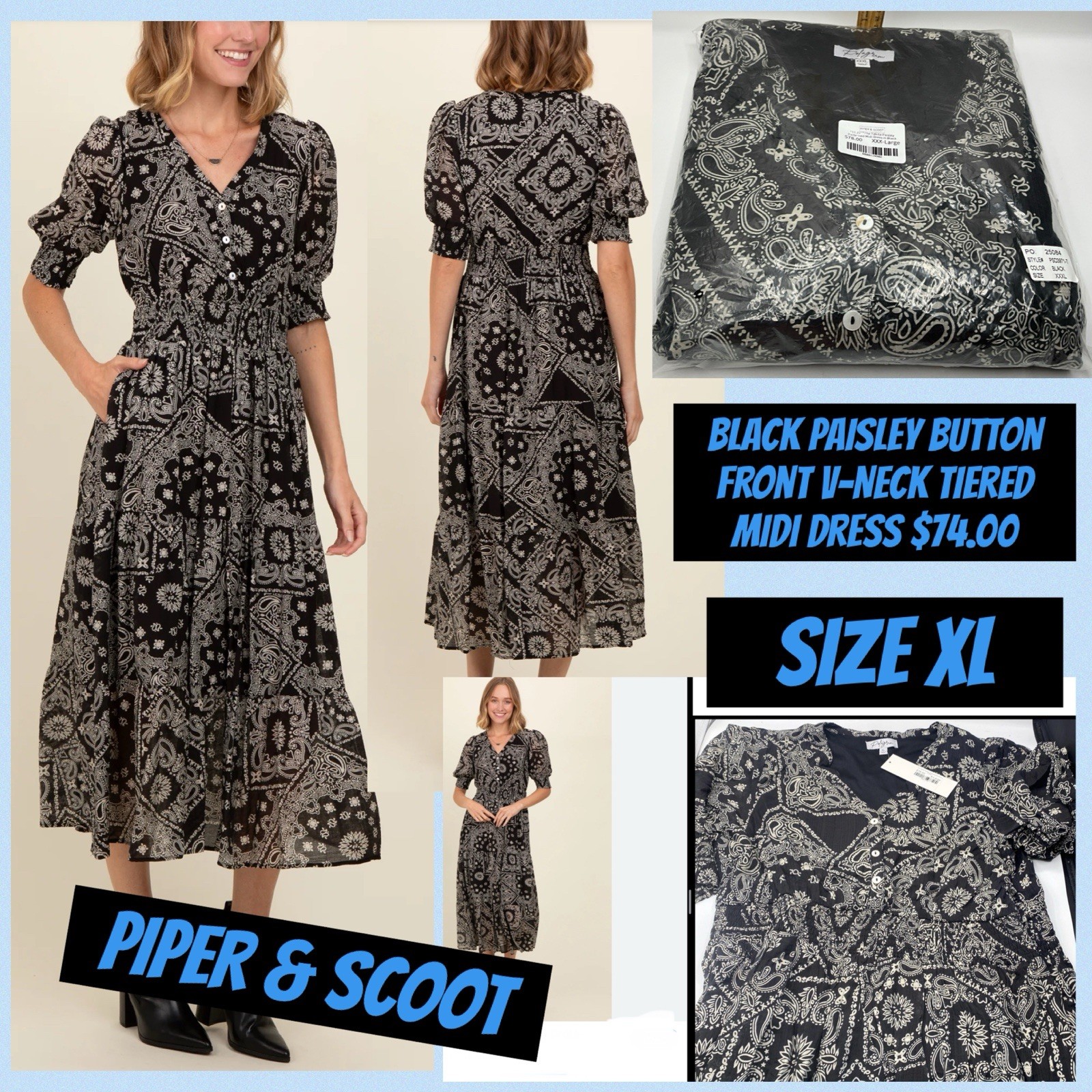 Polagram Black Paisley DRESS V-Neck Midi Dress XL Tiered Spring Wedding New ATL