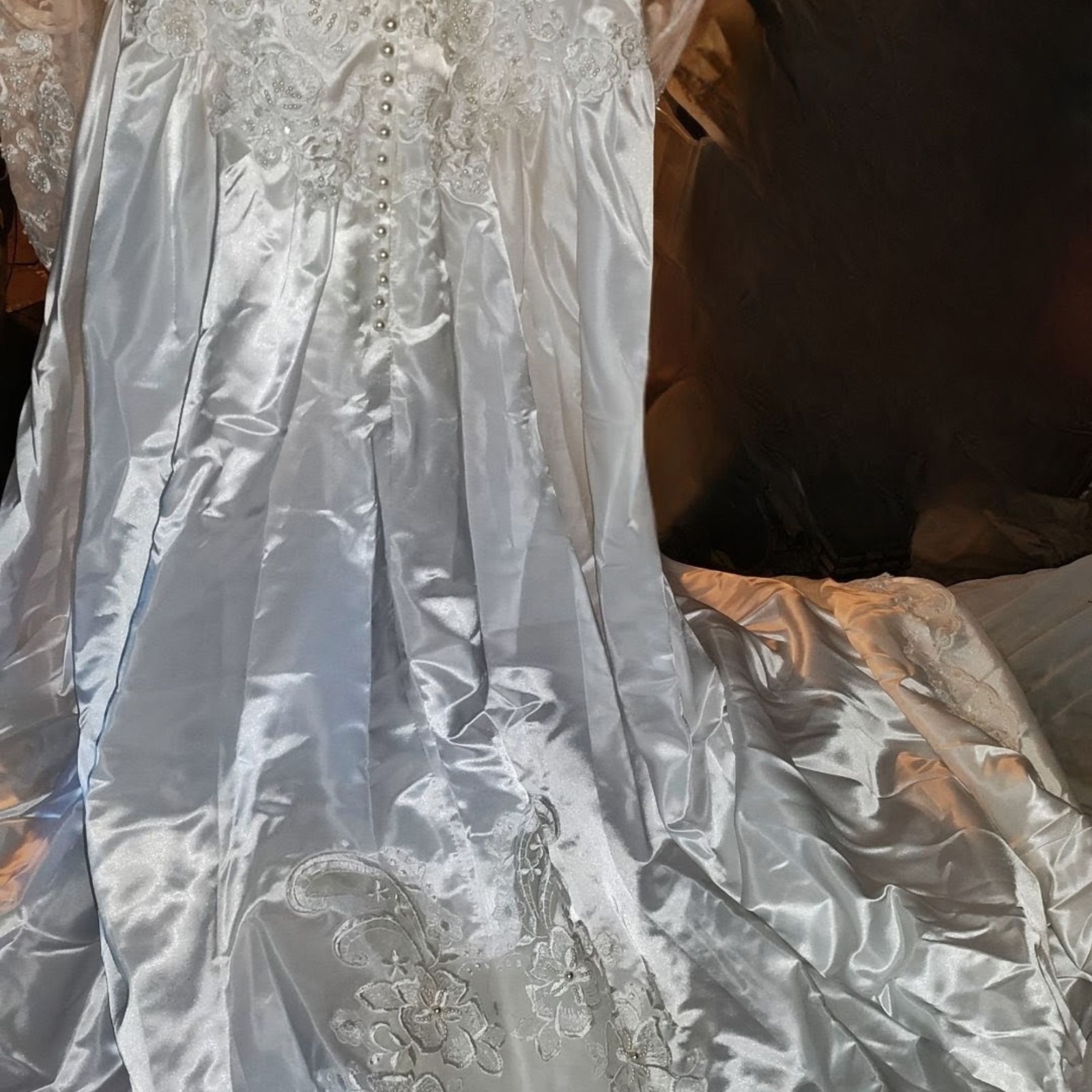 Restored Vtg 80s 90s Satin Wedding Dress High Neck Juliet Sleeve Gown Set Small
