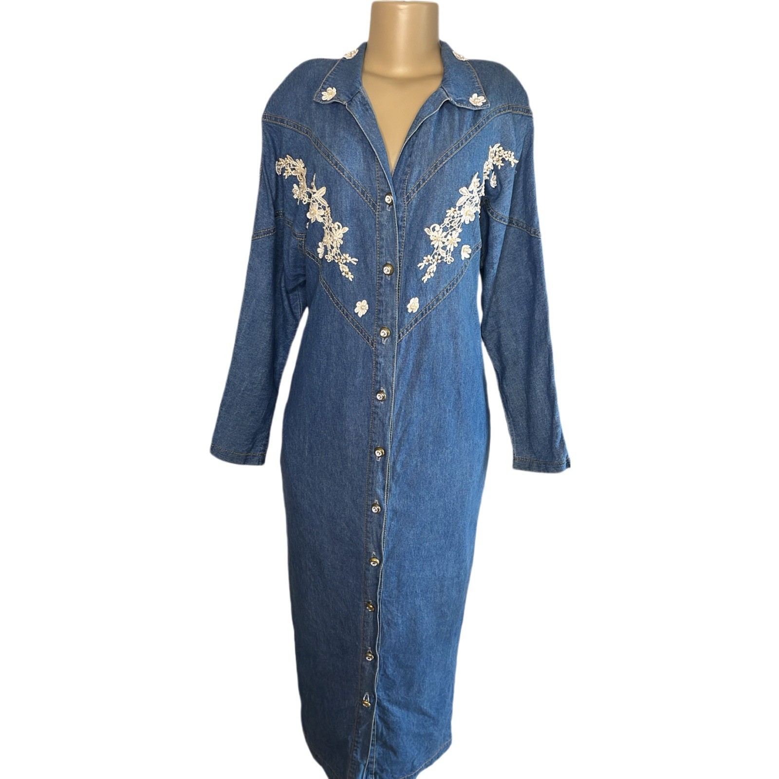 Vintage Monique Fashions Denim Floral Embroidery Maxi Dress