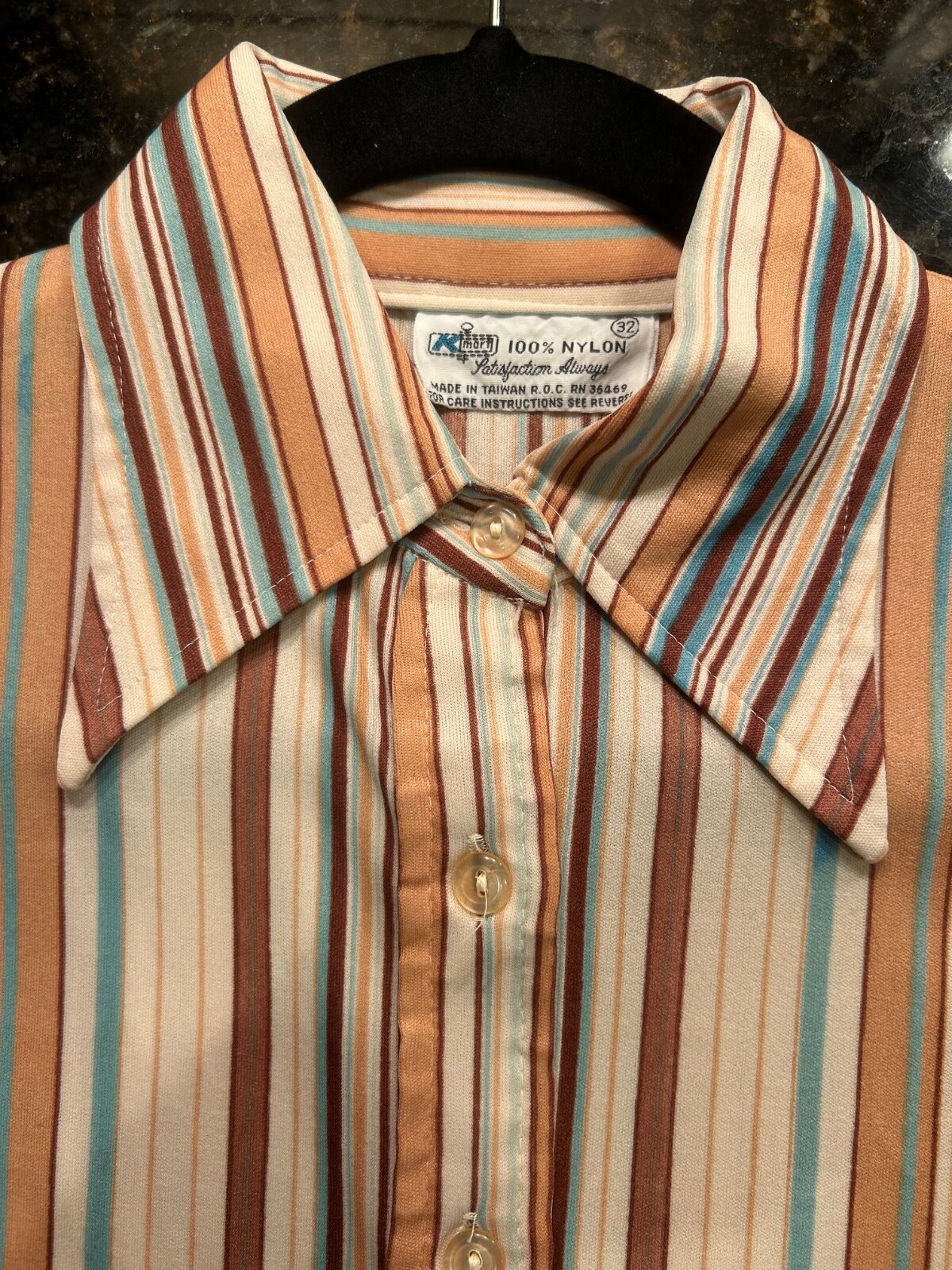 1970s woman’s brown, teal, cream stripe long sleeve, excellent condition