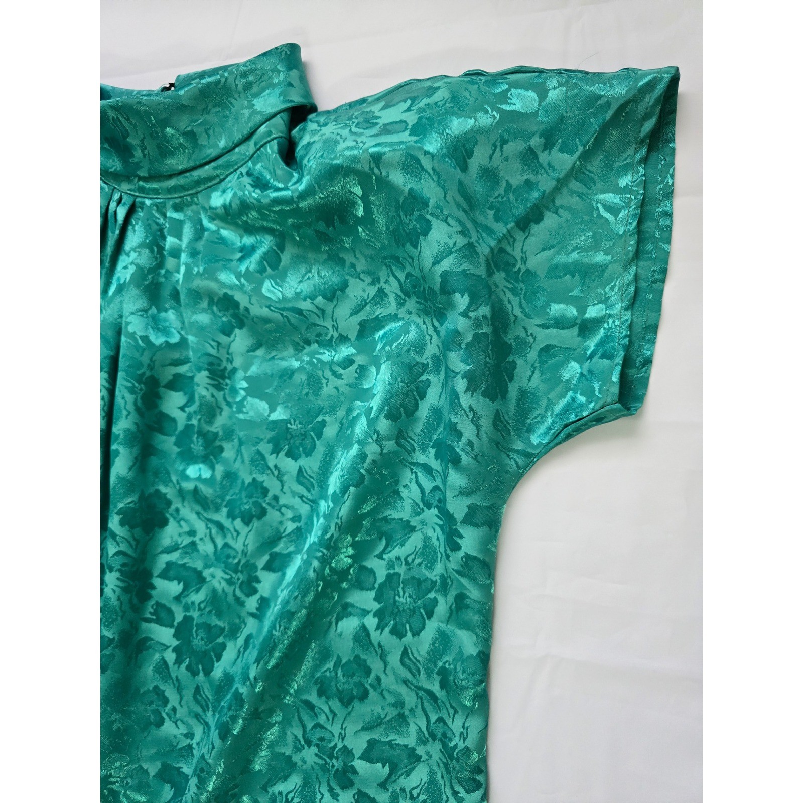 Cindy Collins Vintage Emerald Green Floral Jacquard Mock Neck Blouse Large USA
